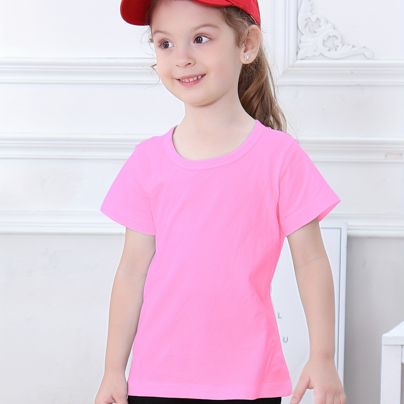 

Girls Casual & Trendy & Versatile Solid Colored Cotton T-shirt For Spring & Summer, Girls Comfy Tee Top For Street Wear