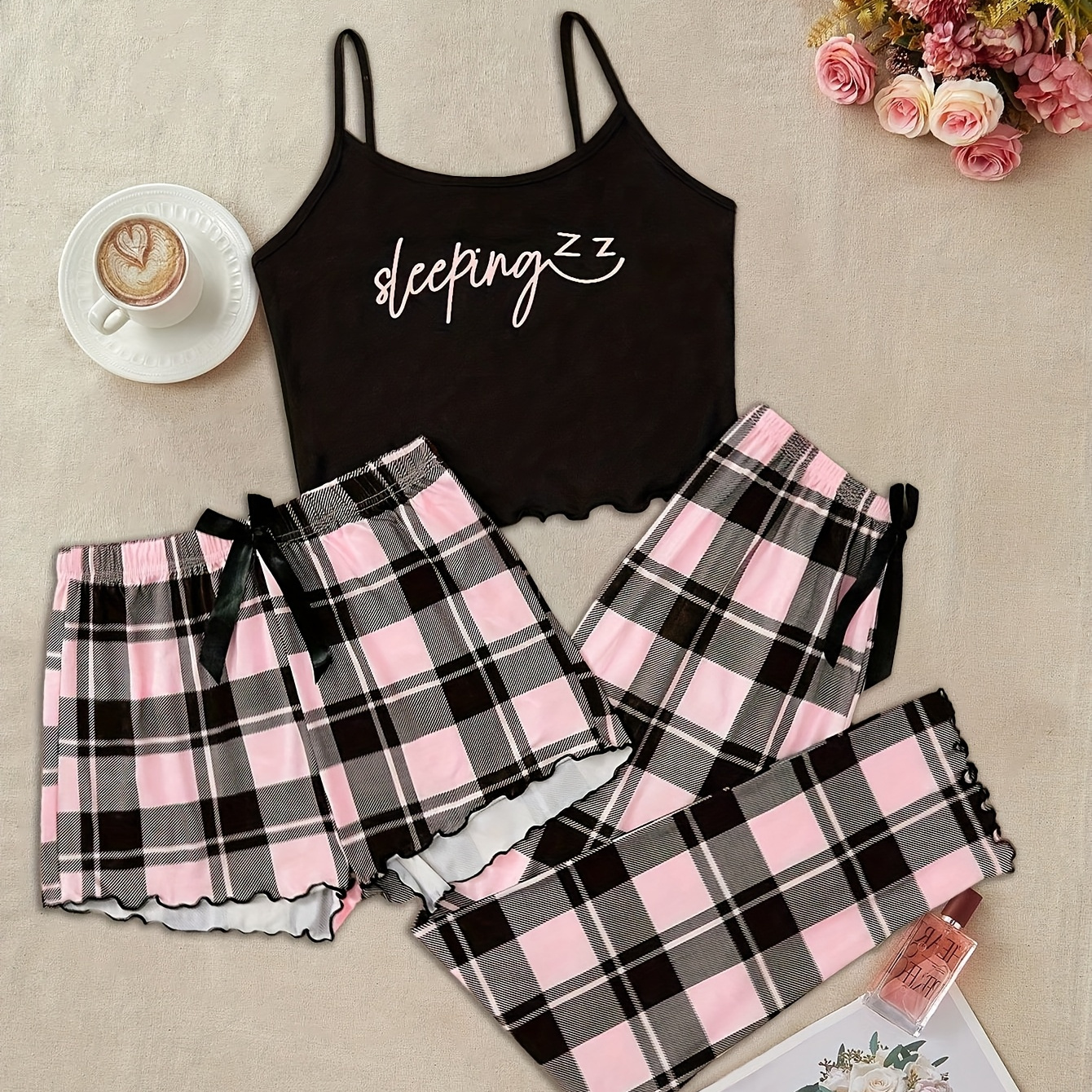 

3pcs Women's Pajama Set - Mature Gingham Pattern, Spaghetti Strap Sleeveless Top, Long Length Pants, Knit Fabric, Polyester & Elastane Blend, Comfortable Sleepwear