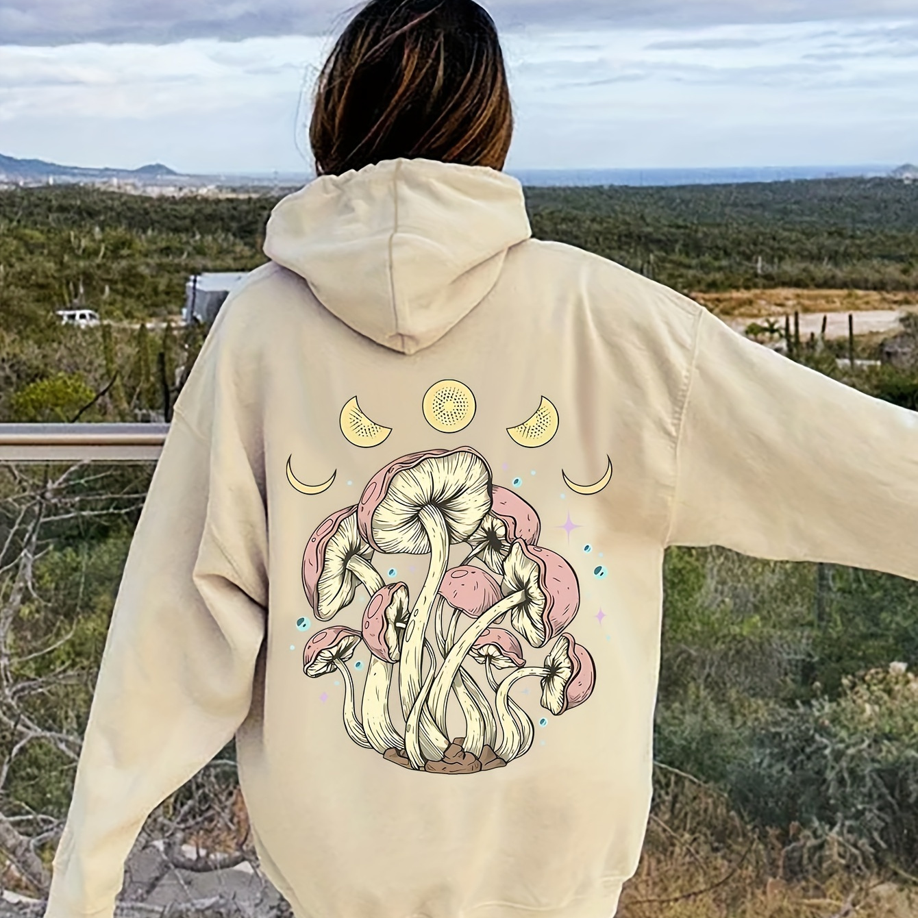 

Mushroom & Moon Print Hoodie, Casual Kangaroo Pocket Long Sleeve Drawstring Hoodie For Spring & Fall, Women's Clothing