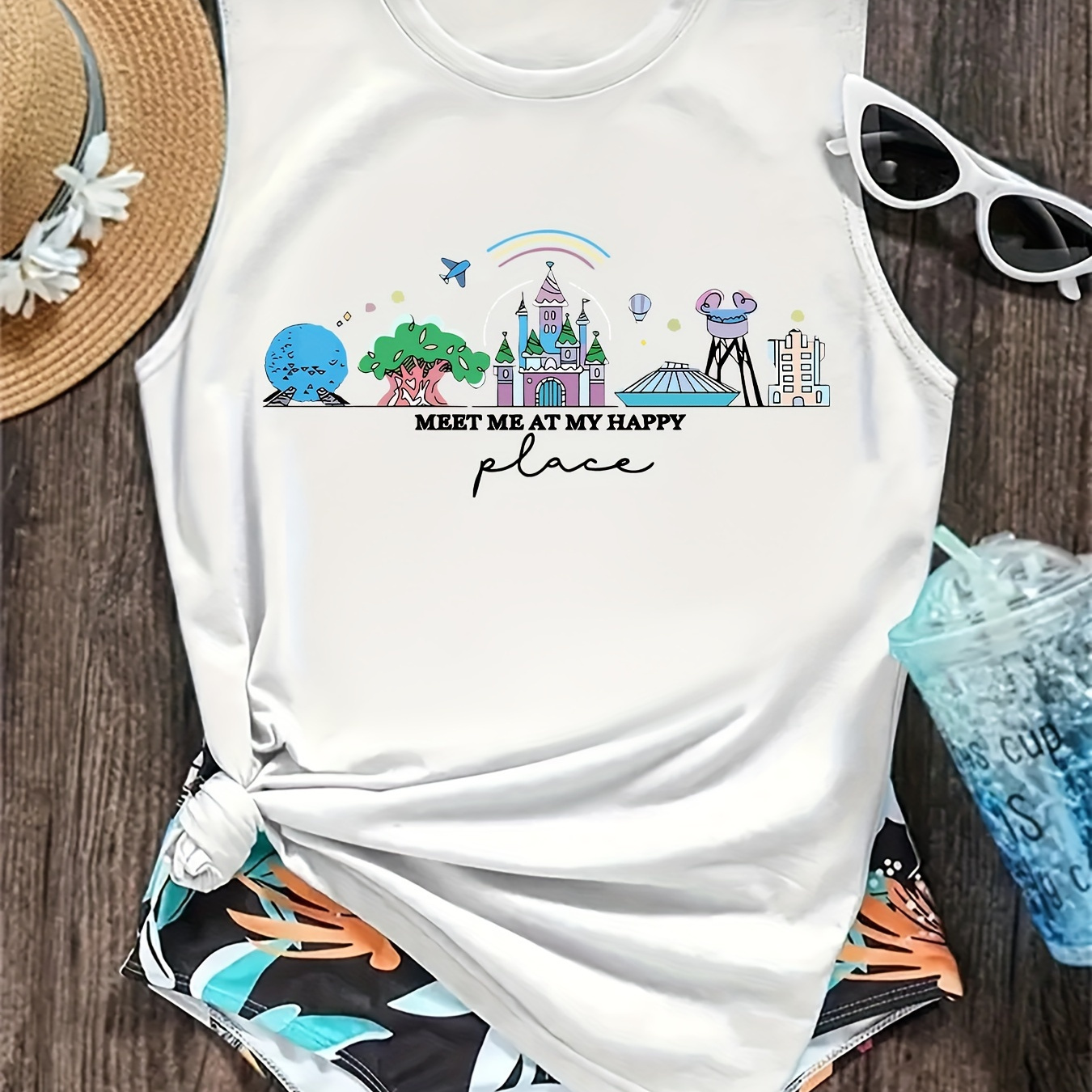 

Plus Size Cartoon Castle Print Tank Top, Casual Sleeveless Crew Neck Top For Summer & Spring, Women's Plus Size Clothing
