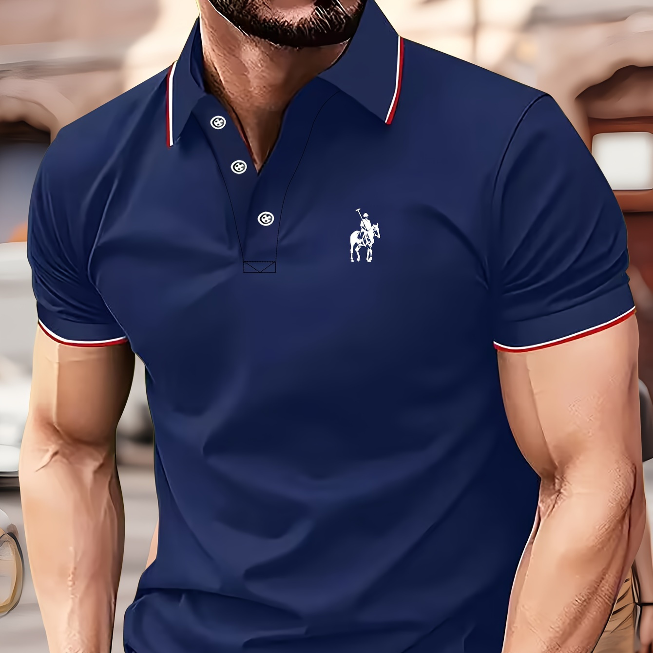 

Riding Horse Man Print Men's Short Sleeve Lapel Shirt, Chic Comfy Male Shirt For Summer, Golf Clothing For Men