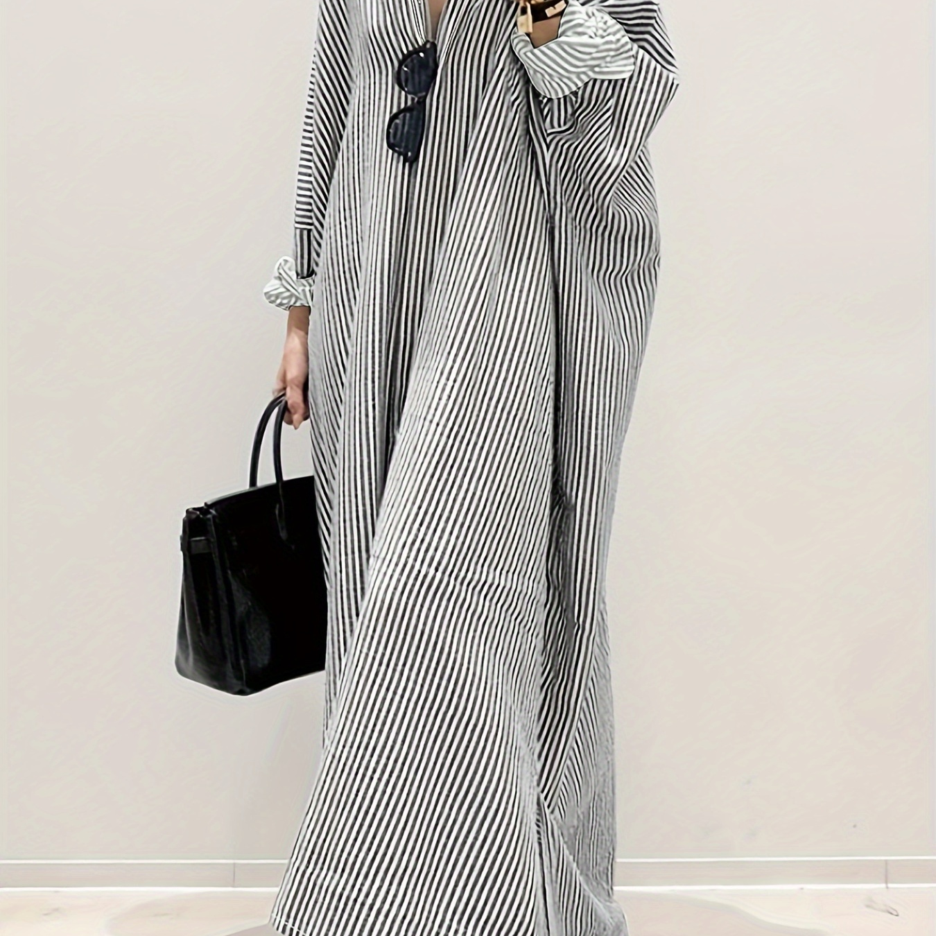 

Striped Print Button Front Dress, Casual Long Sleeve Loose Dress For Spring, Women's Clothing