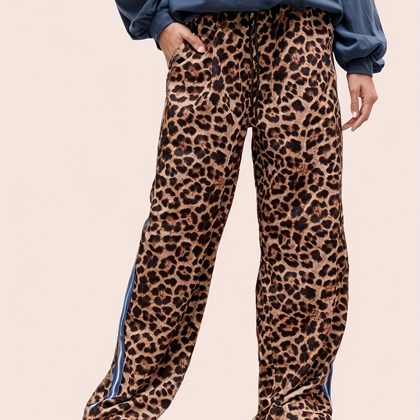 

Wide-leg Pants With Leopard Print Side Stripes And Drawstring, Featuring Cat Ears.