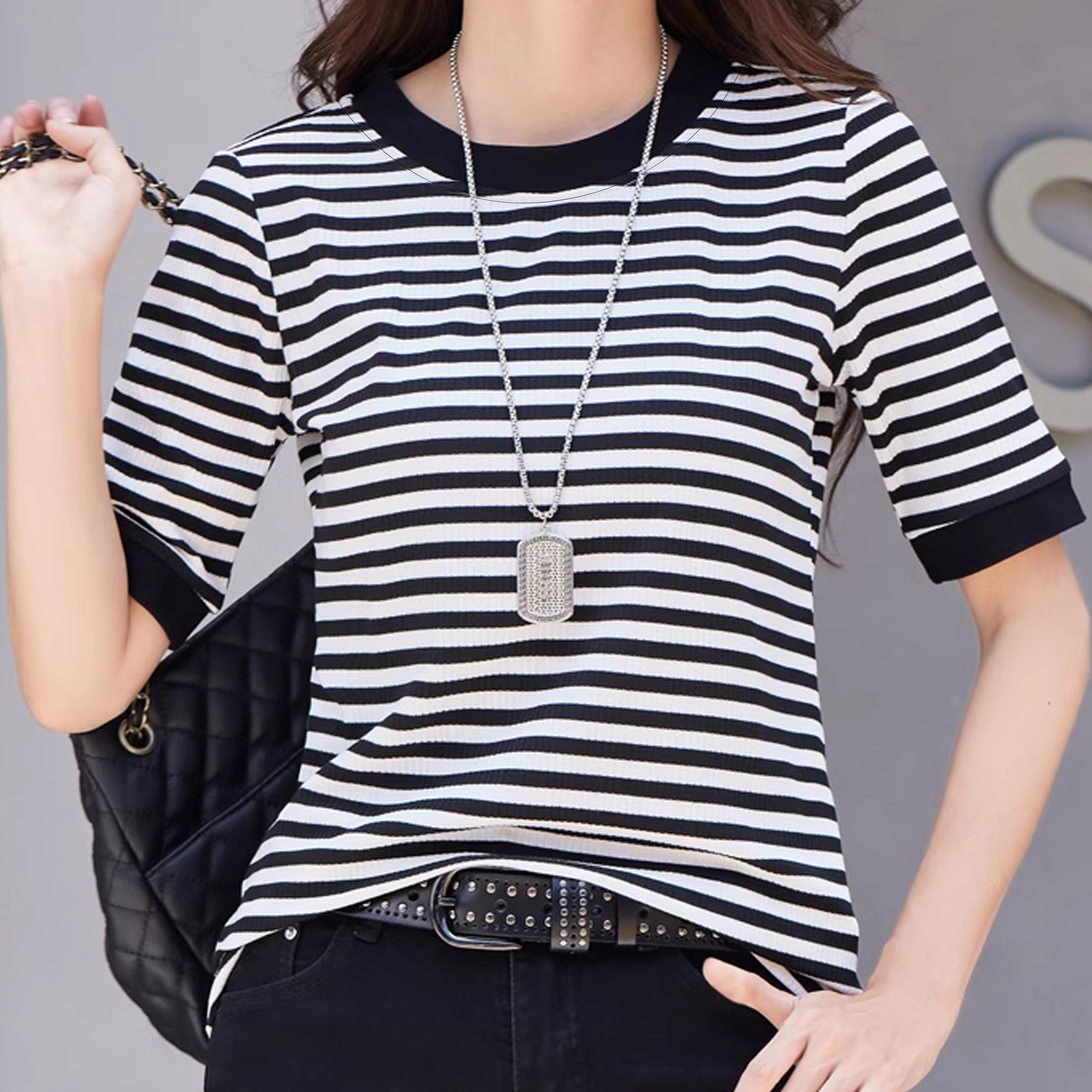 

Contrast Trim Striped T-shirt, Casual Crew Neck Short Sleeve T-shirt For Spring & Summer, Women's Clothing
