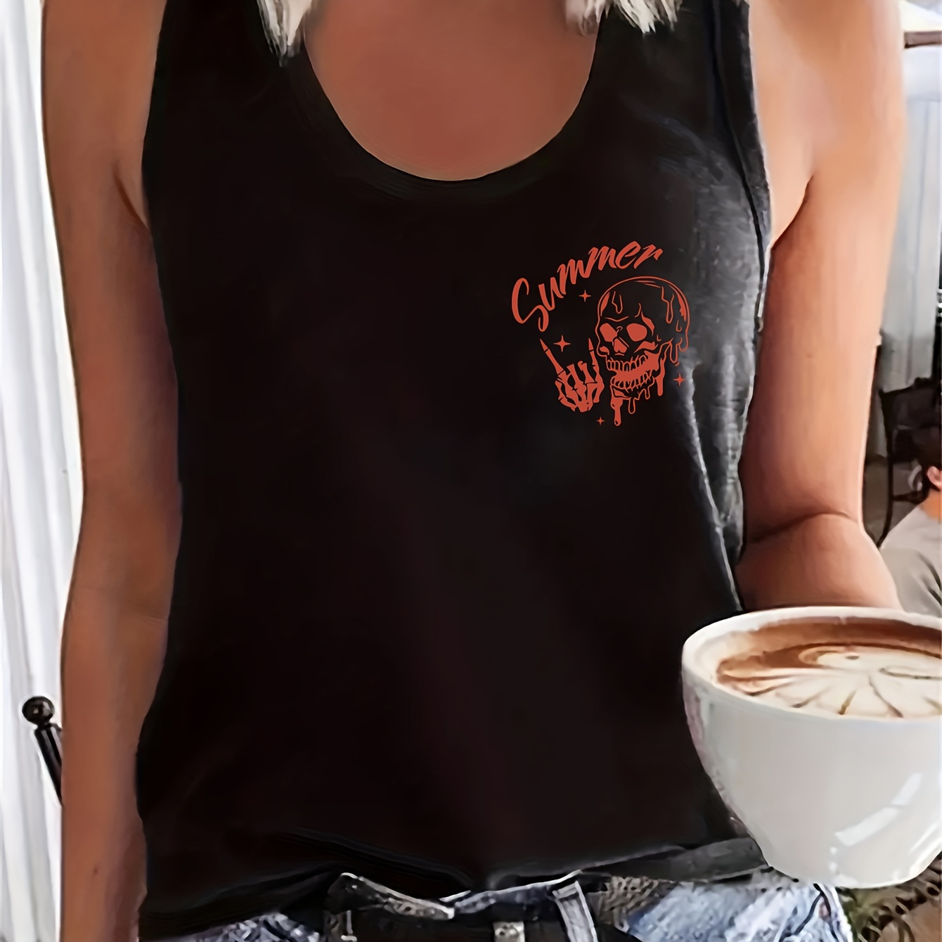 

Letter & Skull Graphic Print Tank Top, Sleeveless Casual Top For Summer & Spring, Women's Clothing