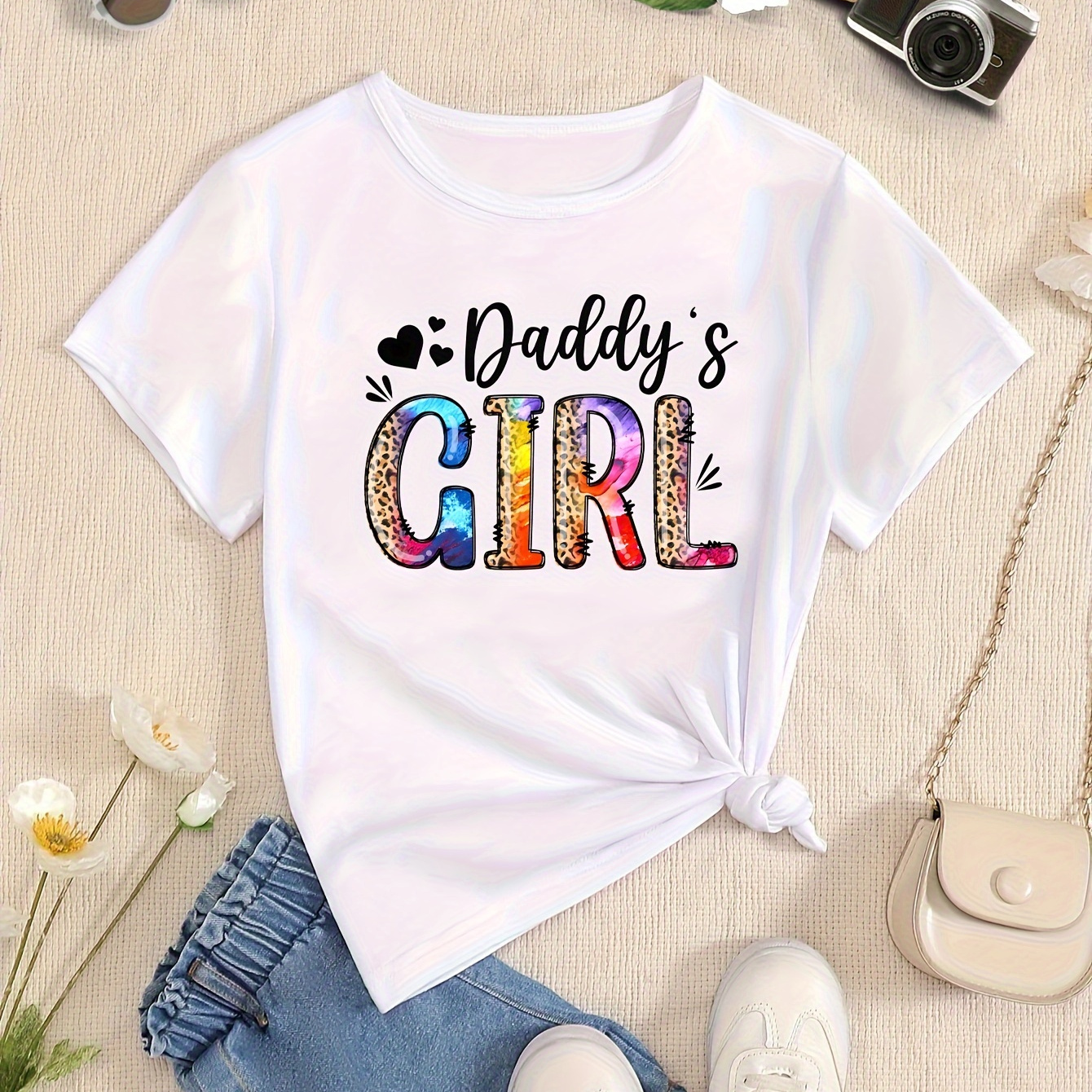 

Daddy's Girl Print, Girls' Casual Crew Neck Short Sleeve T-shirt, Comfy Top Clothes For Spring And Summer For Outdoor Activities