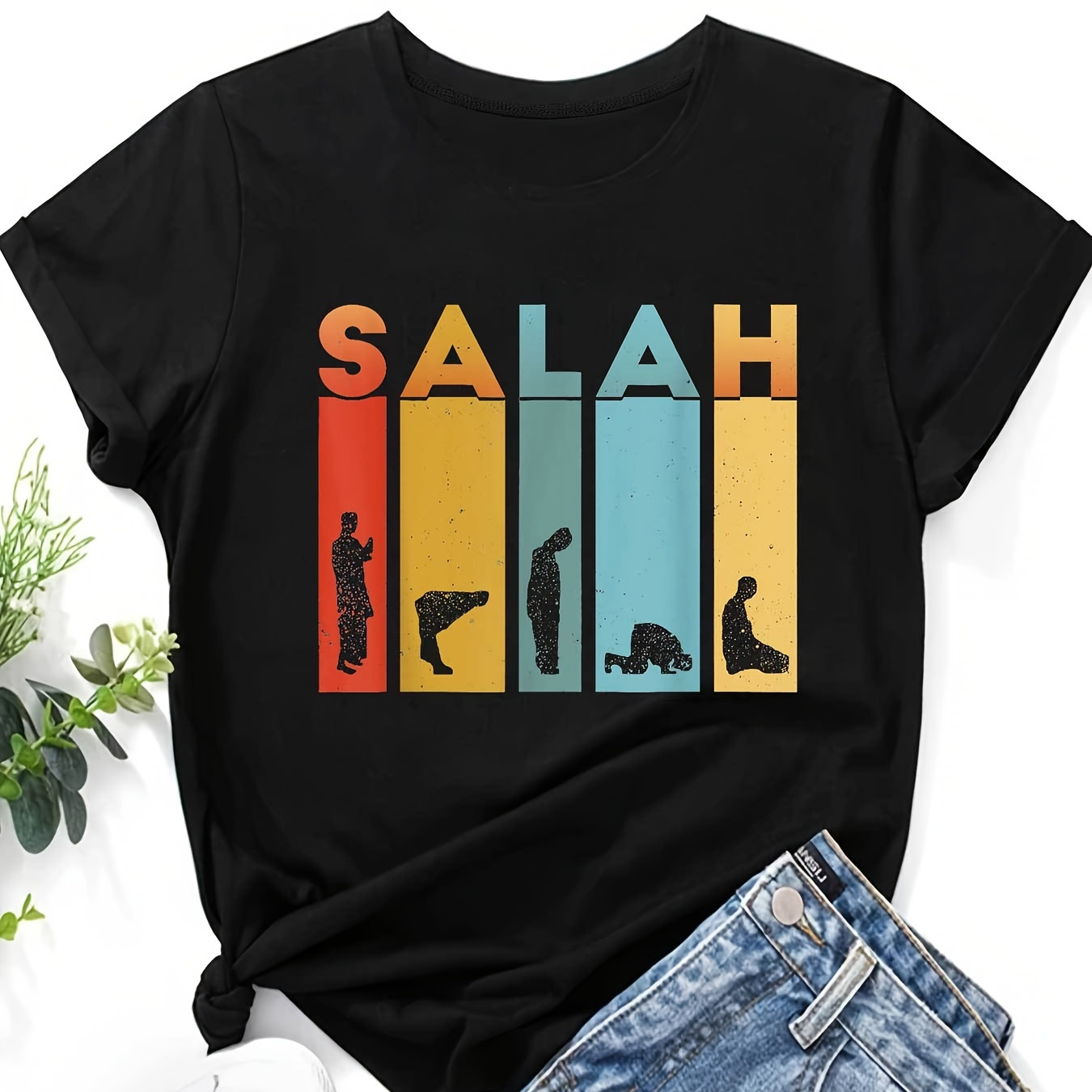 

Salah Letter Print T-shirt, Short Sleeve Crew Neck Casual Top For Summer & Spring, Women's Clothing