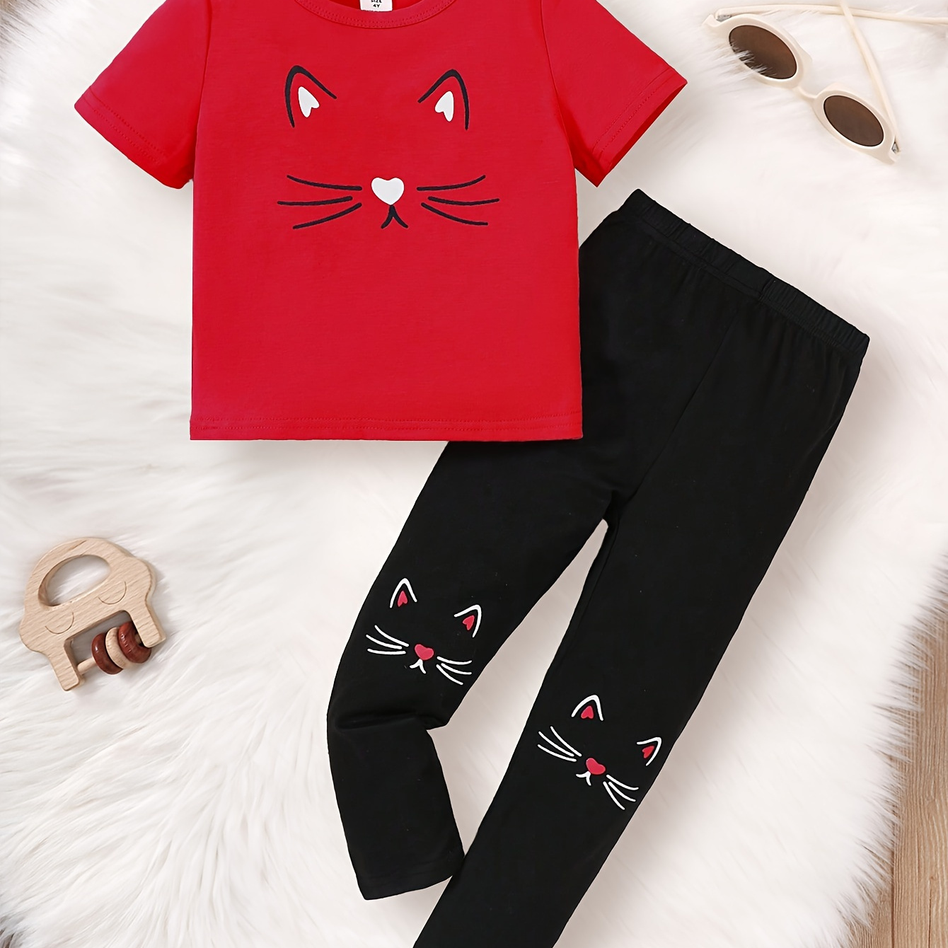 

Girls Casual 2pcs Cartoon Kitty Graphic Short Sleeve T-shirt + Pants Set For Summer