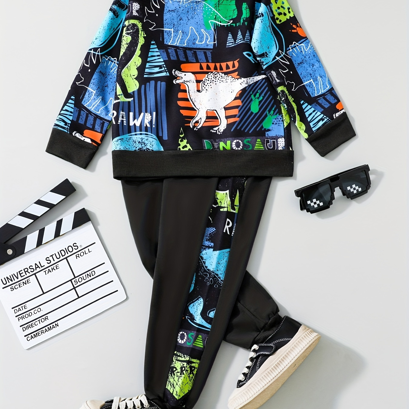 Boys Dinosaur Print Long Sleeve Sweatshirt & Contrast Sweatpants Set