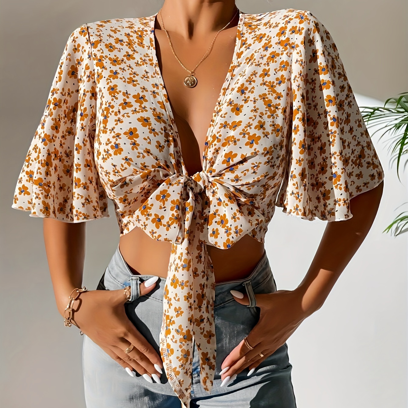 

Floral Print Knot Front Top, Vacation Bell Sleeve Crop Top For Spring & Summer, Women's Clothing