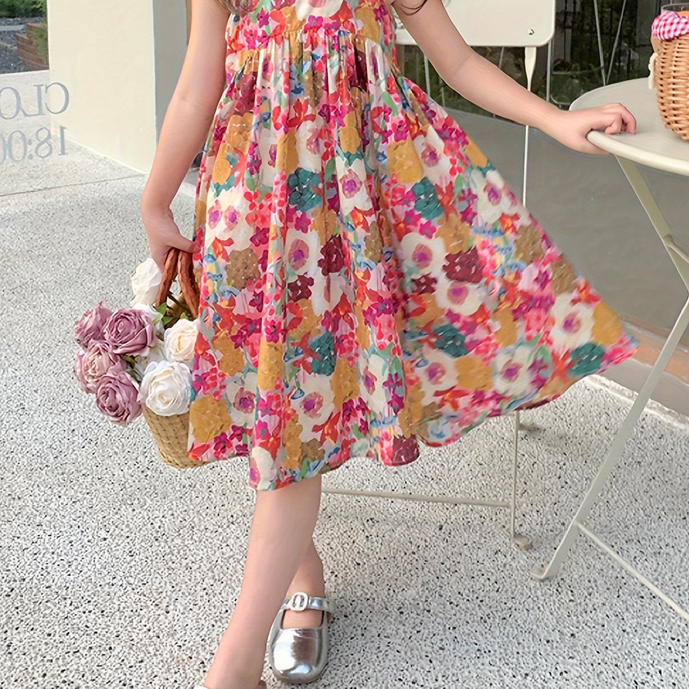 

100% Cotton, Girls Vintage Style Floral Dress, Casual Cami Dresses For Summer Holiday Party Gift
