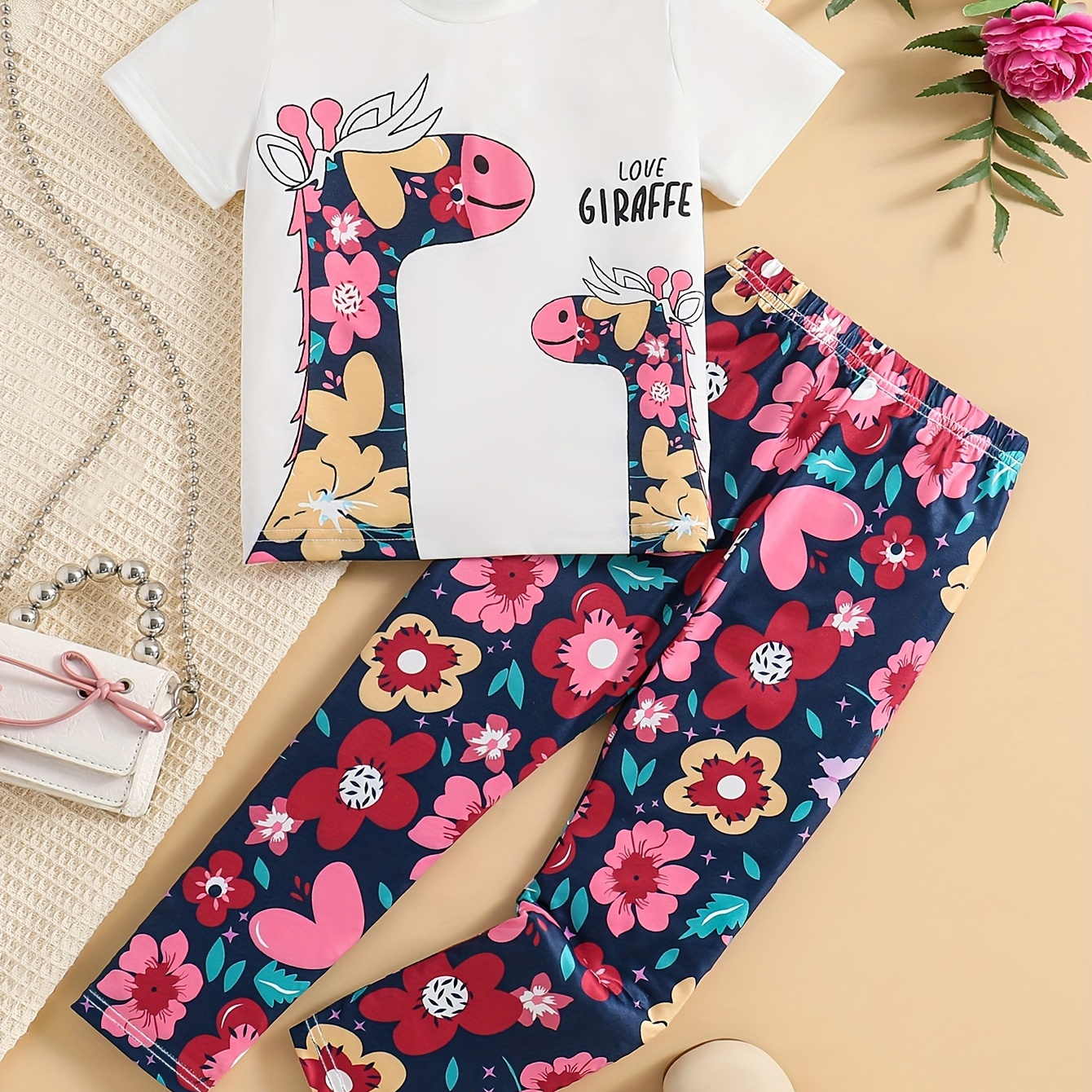 

Toddler Girls 2pcs Cartoon Giraffe Pattern Outfits Short Sleeve T-shirt + Pants Set Summer Gift Outdoor
