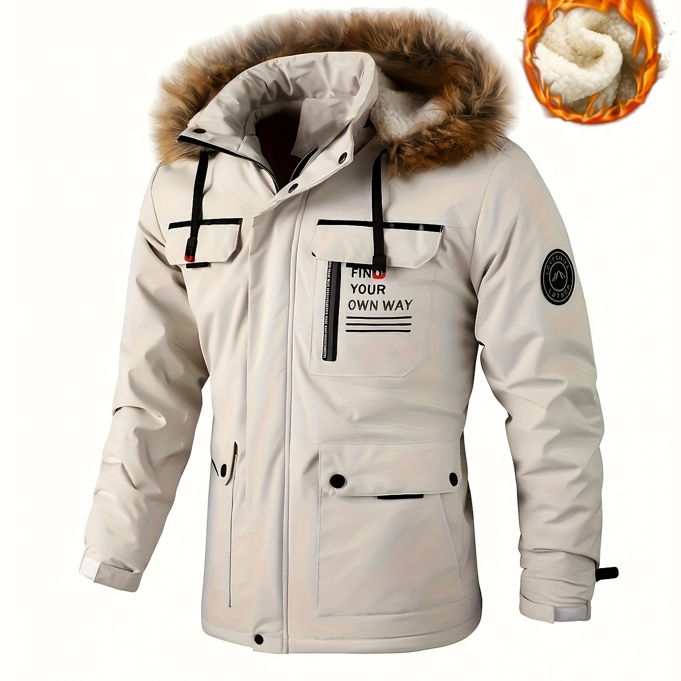 

Men's Warm Fleece Hooded Parka, Casual Jacket For