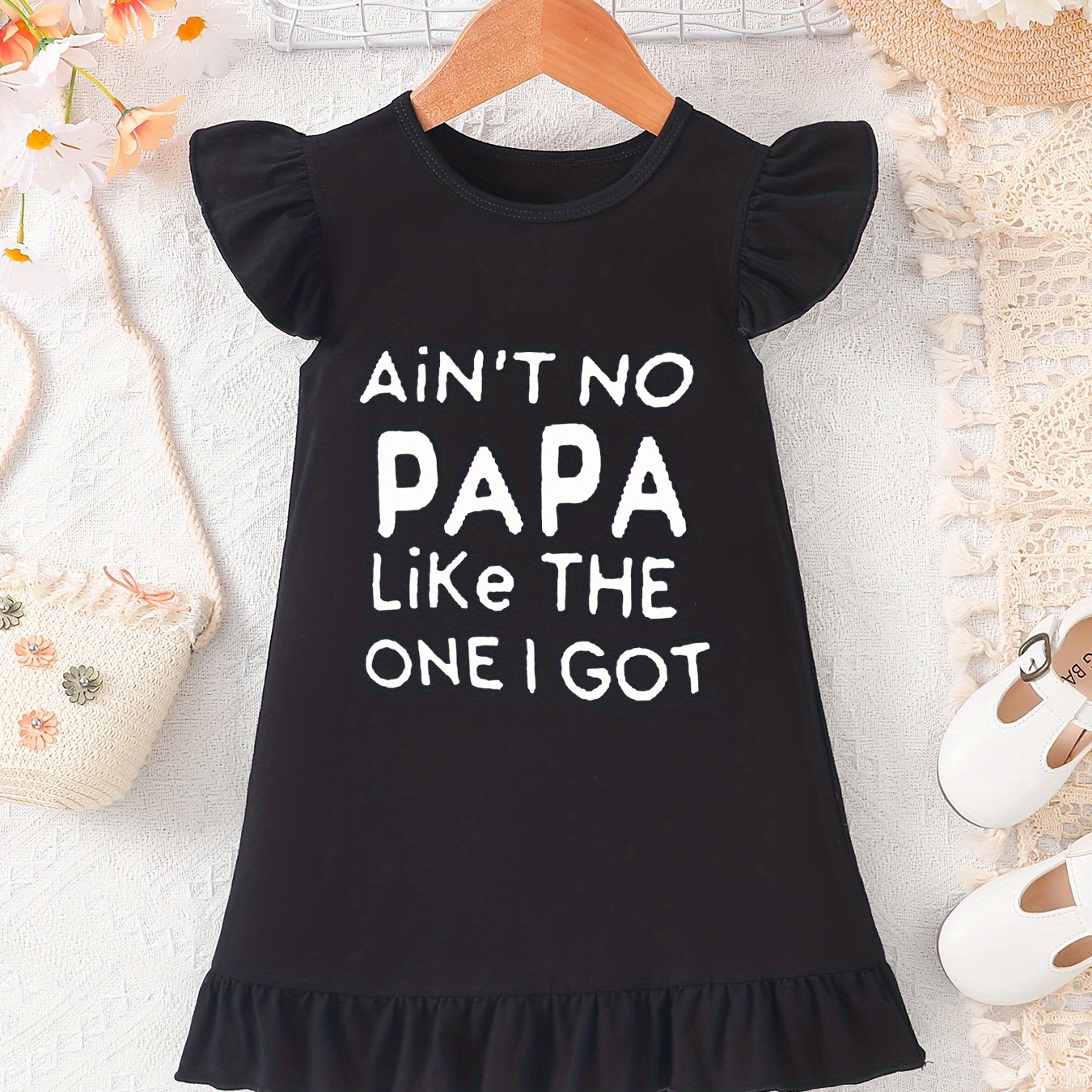 

"ain't No Papa Like The 1 I Got" Print Flutter Sleeve Dress For Kids, Stylish Summer Dress, Girl's Clothing