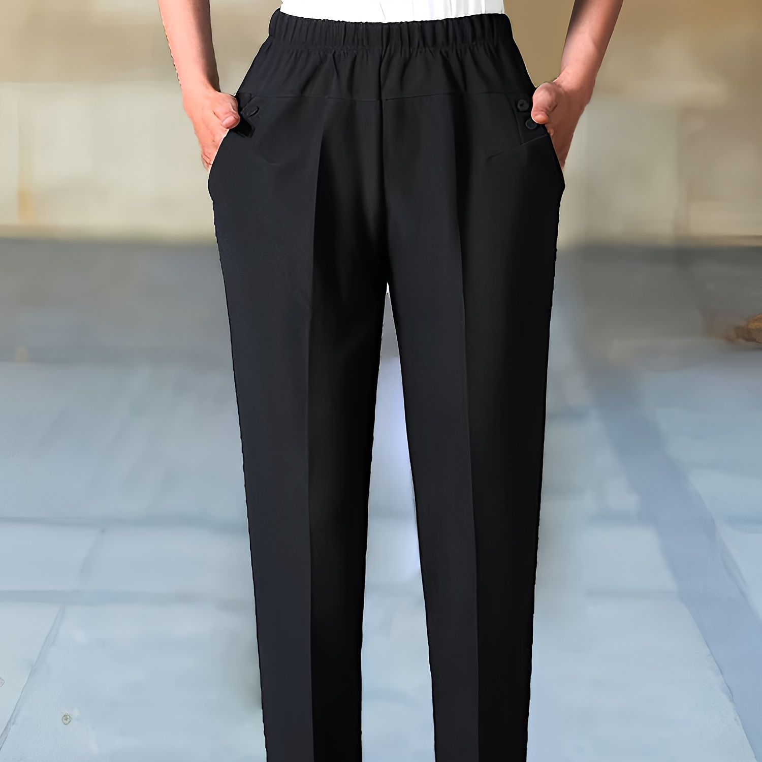 Solid Elastic Waist Slim Pants, Casual Slant Pocket Tapered Suit Pants,  Women's Clothing