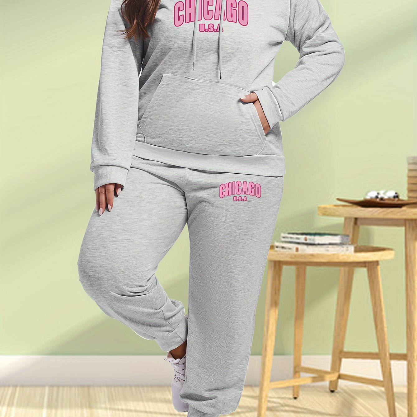 

's Plus Size & Set - Letter , Drawstring, , , Washable - 23 Graphic Hooded Sweatshirt And Pants Outfit