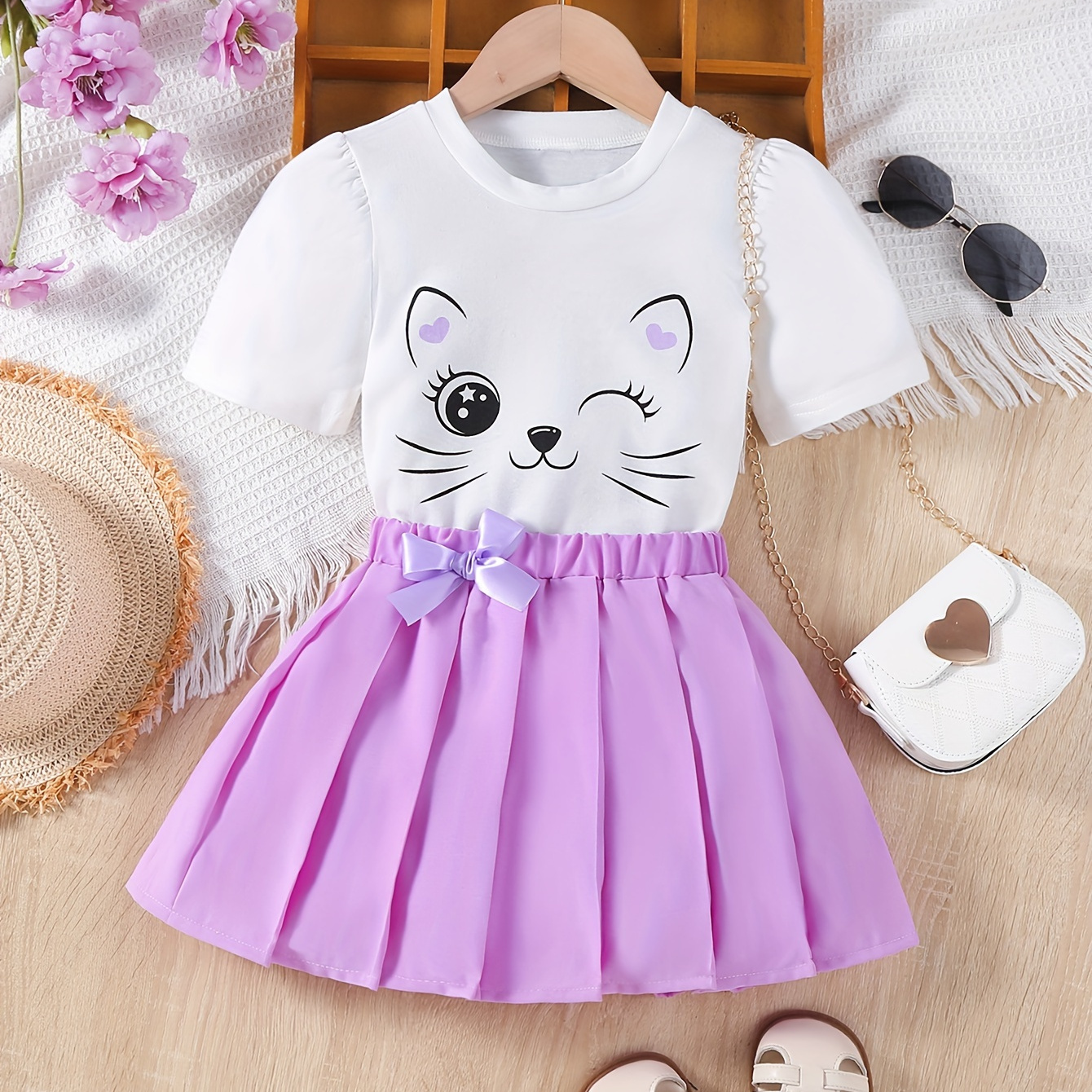 

Girl's Set, Kitty Graphic Tee Top + Bow Pleated Skirt 2-piece Casual Going Out Girls Summer Clothes