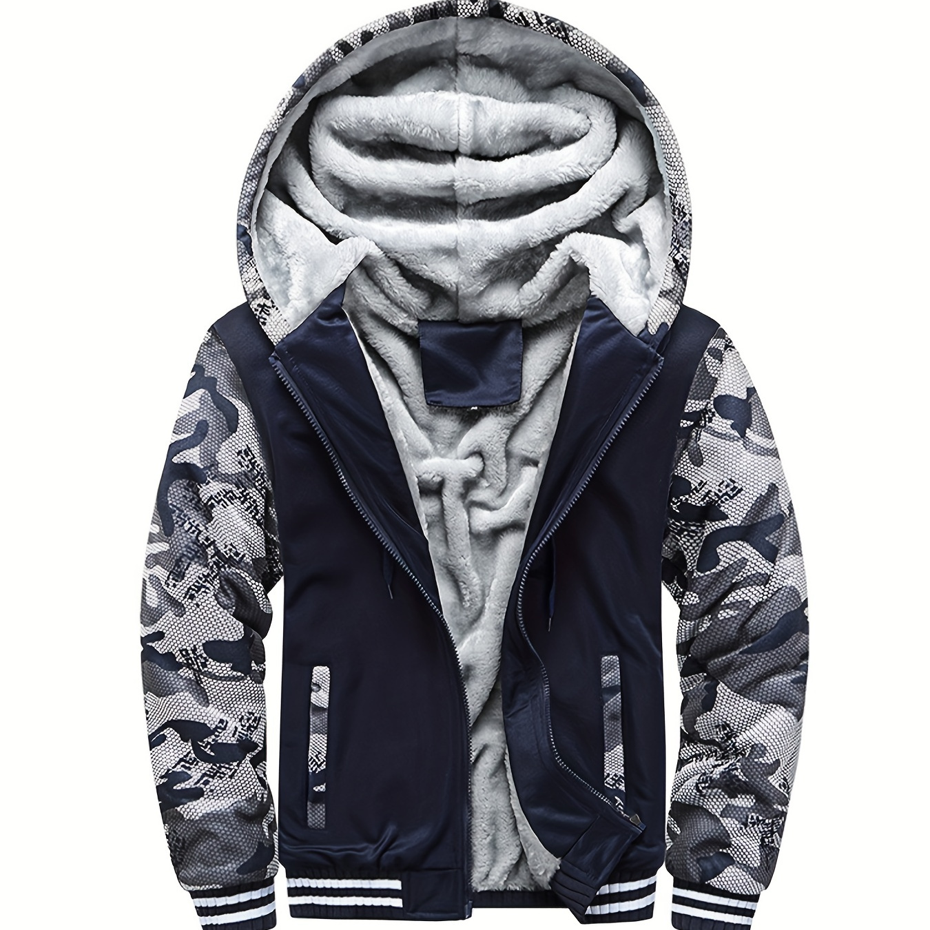 

Camo Color Block Sherpa Lined Men's Hooded Jacket Casual Long Sleeve Hoodies With Zipper Gym Sports Hooded Coat For Winter Fall
