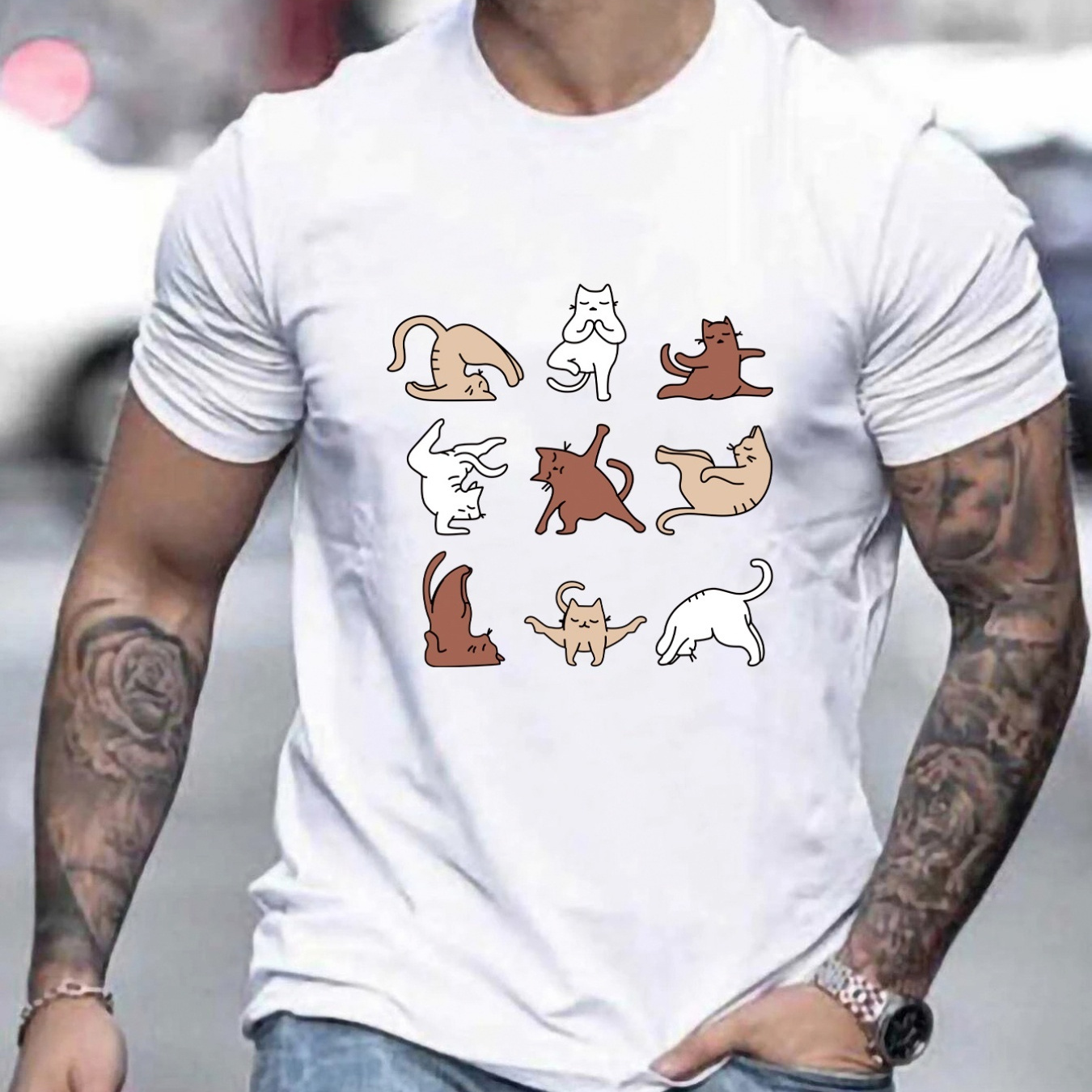 

Cute Cats Pattern Print Men's Slightly Stretch T-shirt, Graphic Tee Men's Summer Clothes, Men's Outfits