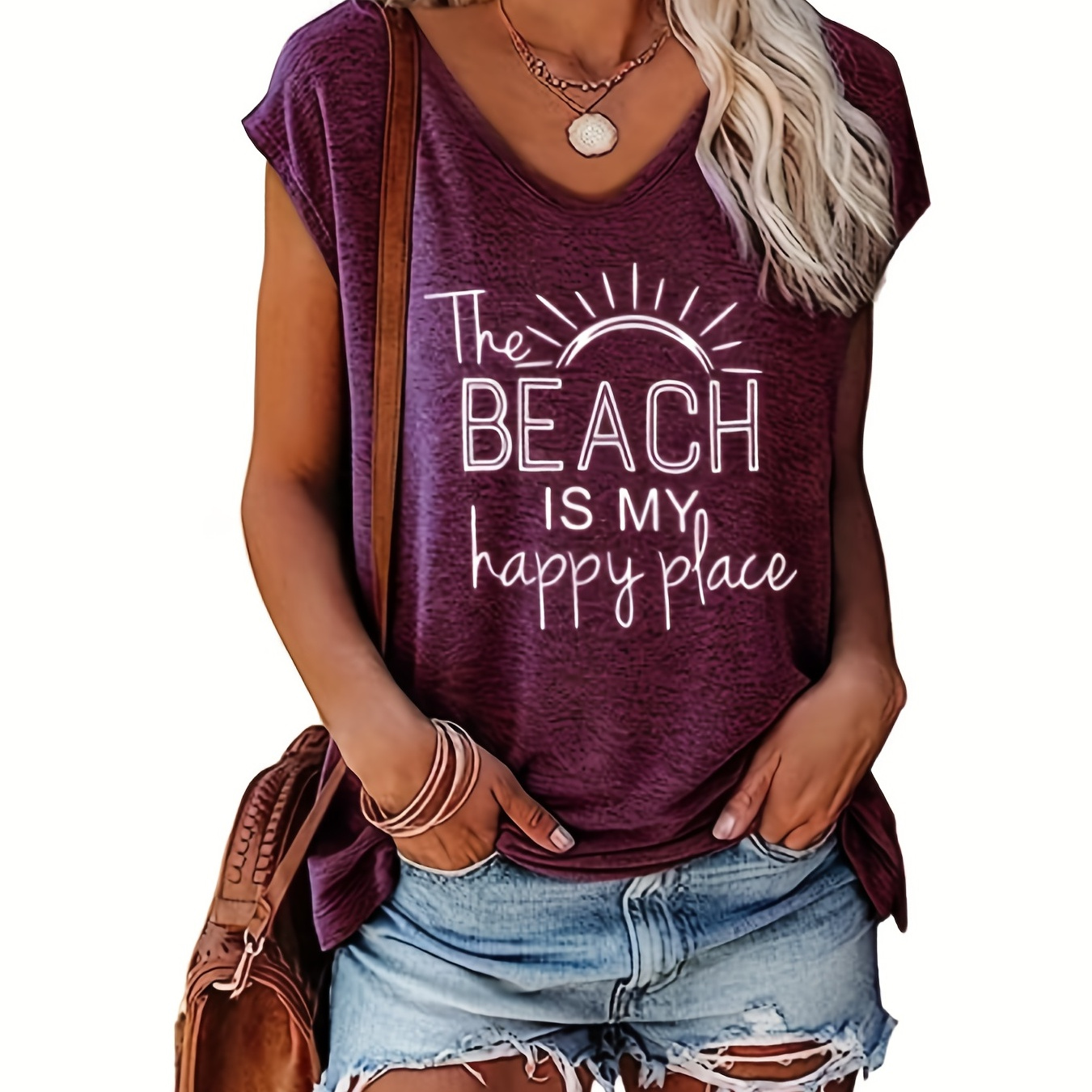 Letter Print V Neck Tank Top, Casual Cap Sleeve Top For Summer, Women's Clothing