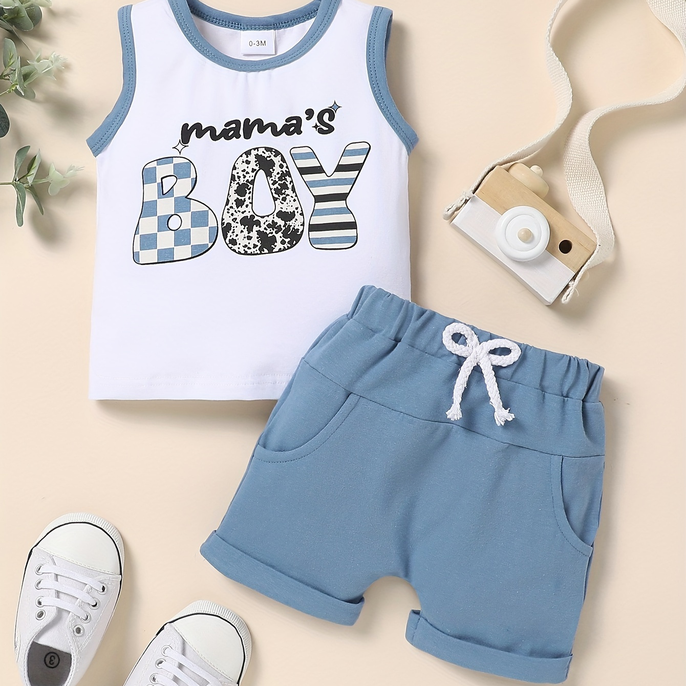 

2pcs Baby's "mama's Boy" Print Summer Set, Tank Top & Shorts, Baby Boy's Clothing, As Gift