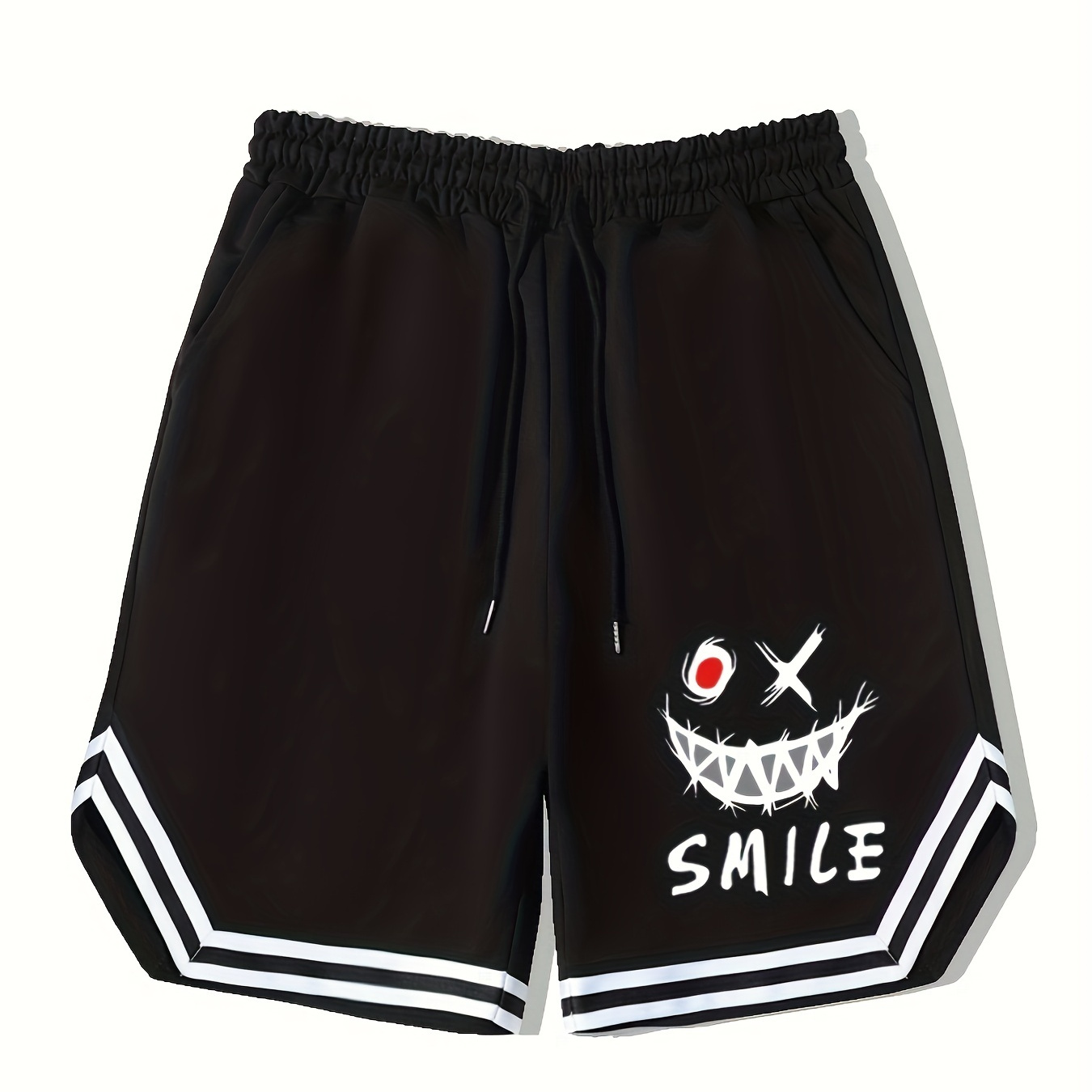 

Men's Graffiti Smile Graphic Basketball Shorts, Casual Slightly Stretch Breathable Drawstring Shorts, Men's Clothing For Summer Outdoor