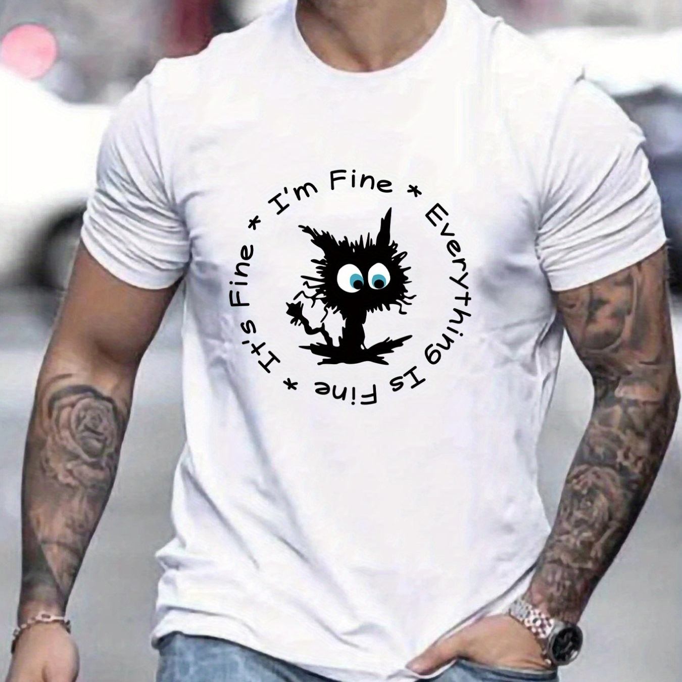 

Slogan "Je vais bien tout va bien c'est bien" & Impression de motif de chat noir de dessin animé T-shirt pour hommes, T-shirt graphique pour hommes, vêtements d'été pour hommes, tenues pour hommes