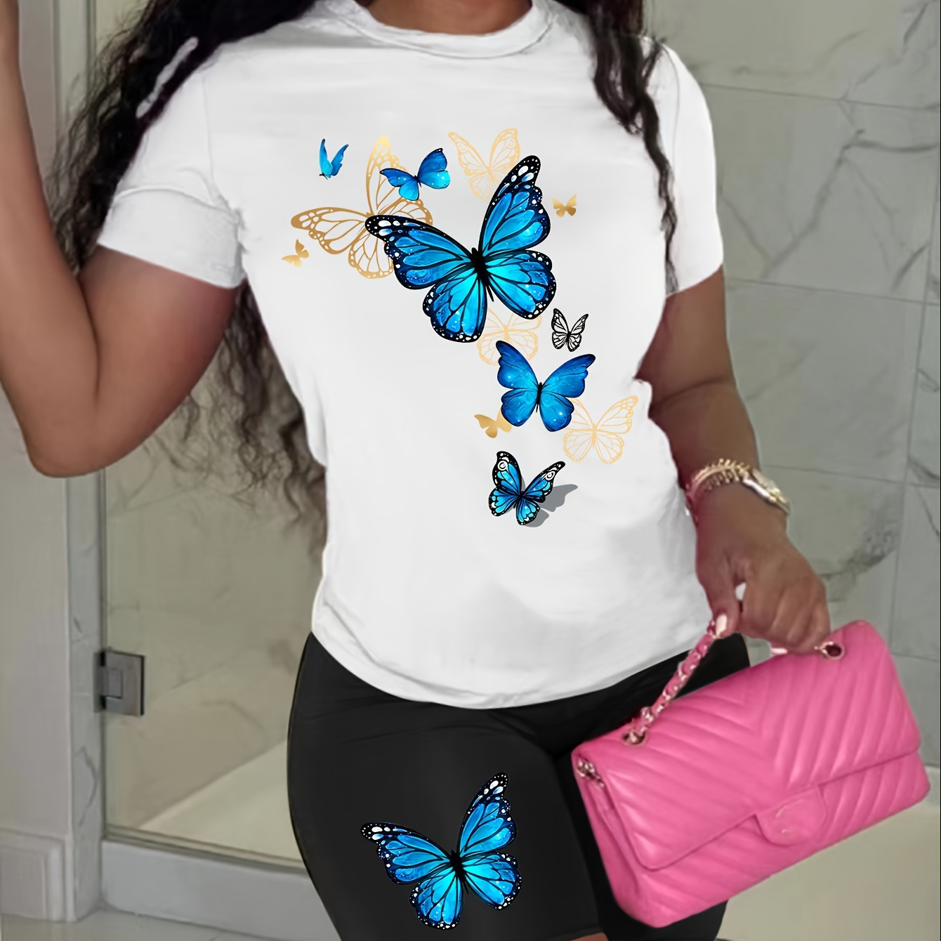 

Butterfly Print Two-piece, Short Sleeve Crew Neck T-shirt & Biker Shorts Outfits, Women's Clothing