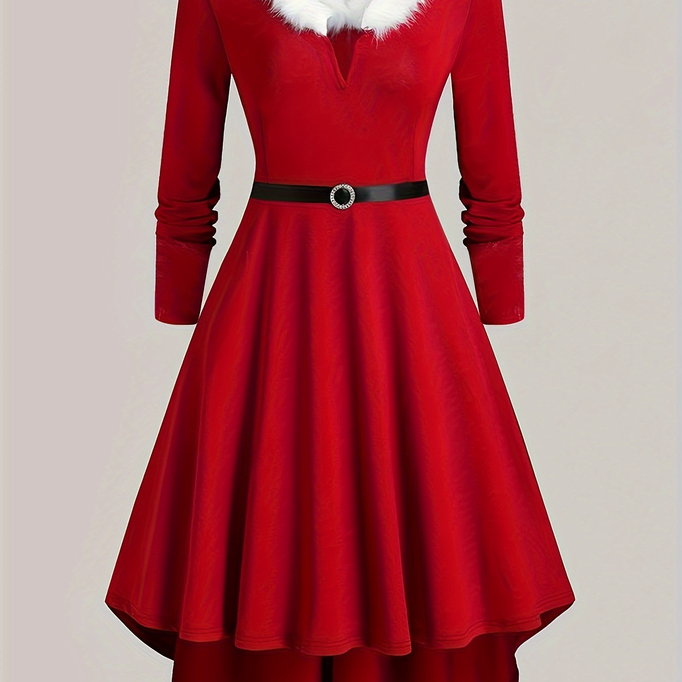 

Christmas Faux Fur Trim Long Sleeve Dress, Notch Neck High-low Dress, Women's Clothing