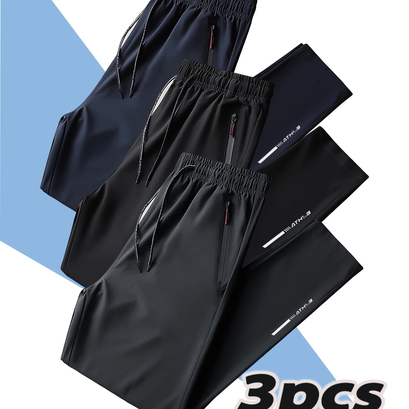 

3-pack Men's Athletic Running Pants, 100% Polyester Quick- Trousers With Zipper, Non-stretch Woven Fabric, Regular Fit For Training & Fitness, Spring/summer Season - Black & Navy