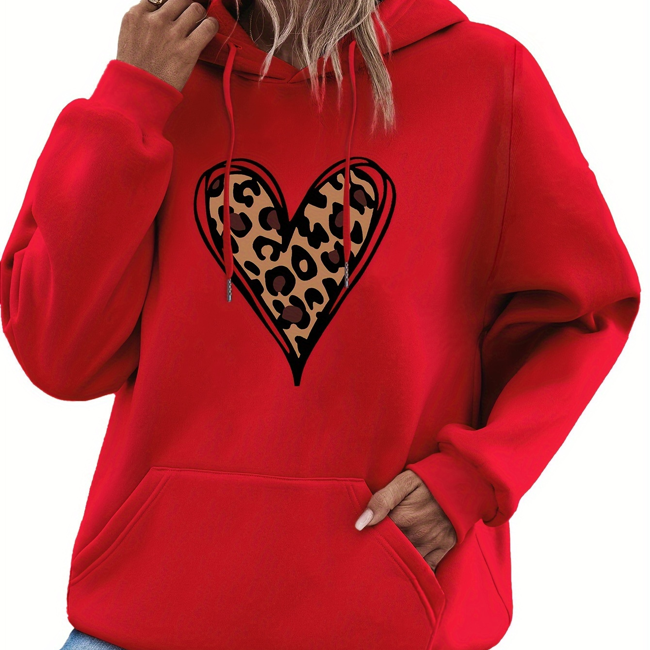 

Heart Print Kangaroo Pocket Hoodie, Casual Long Sleeve Drawstring Hoodies Sweatshirt, Women's Clothing