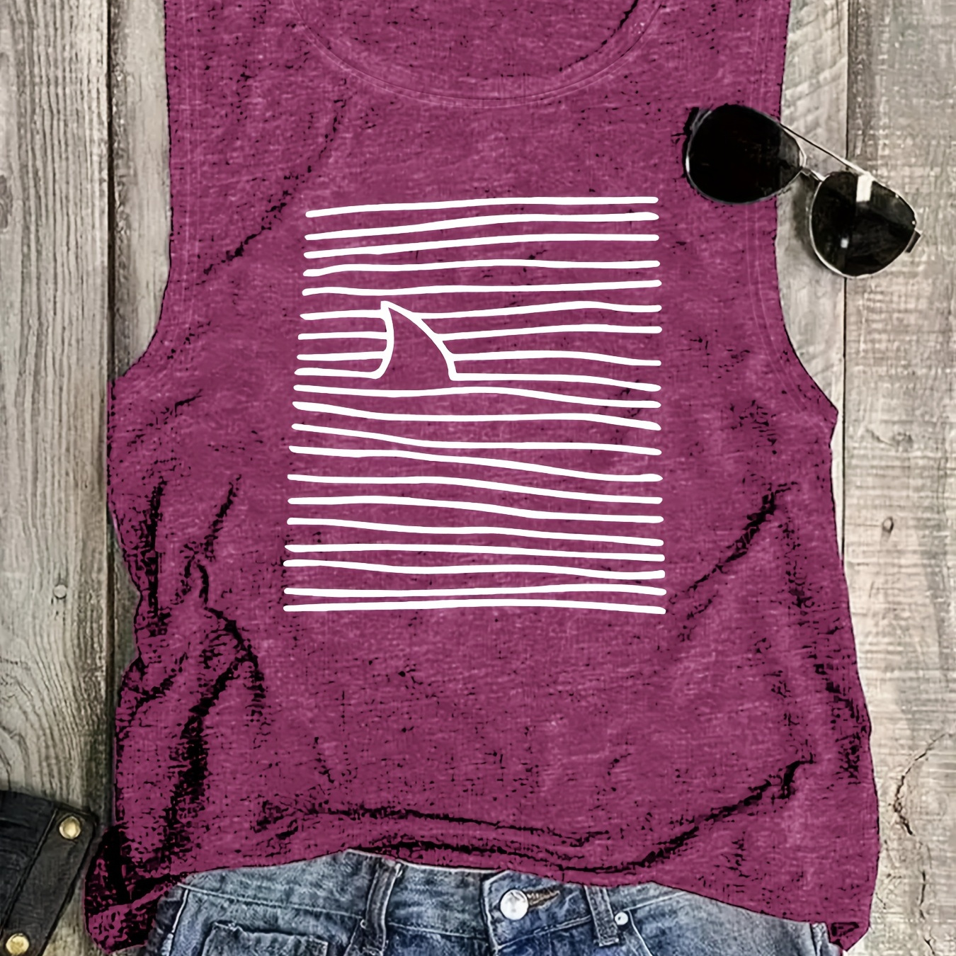 

Women's Striped Shark Print Sleeveless Tank Top - Crew Neck, Soft Polyester , Machine Washable - Vacation