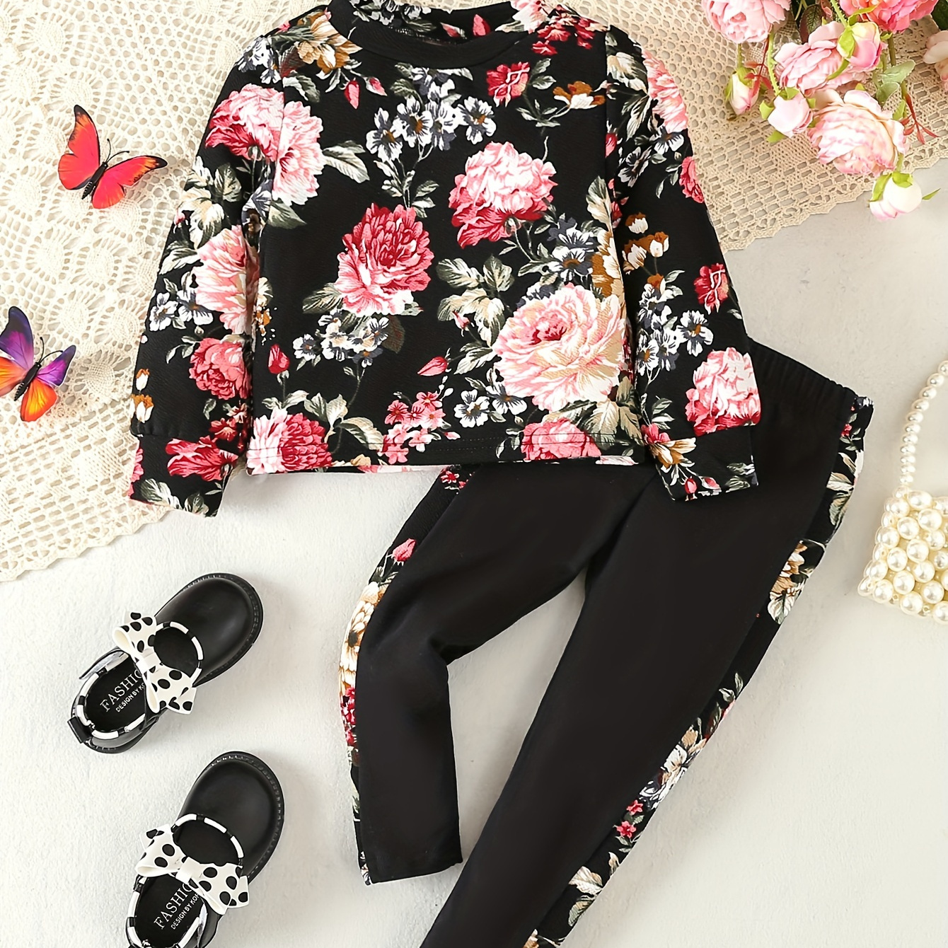 

Girls Allover Floral Print Long Sleeve Crew Neck Shirt+matching Pants Casual Sports Set For Spring/autumn