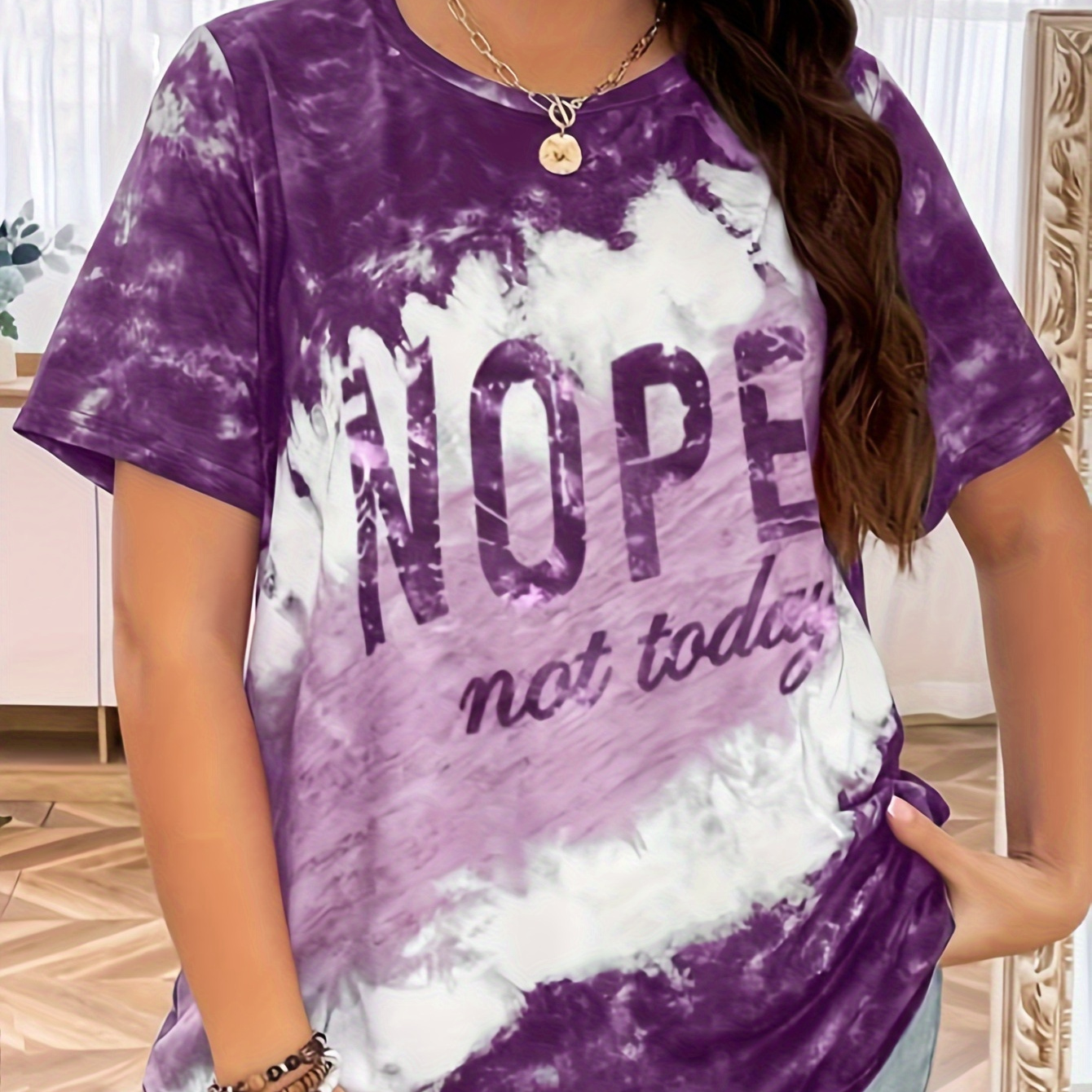 

Plus Size Nope Print T-shirt, Casual Tie Dye Crew Neck Short Sleeve Top For , Women's Plus Size Clothing