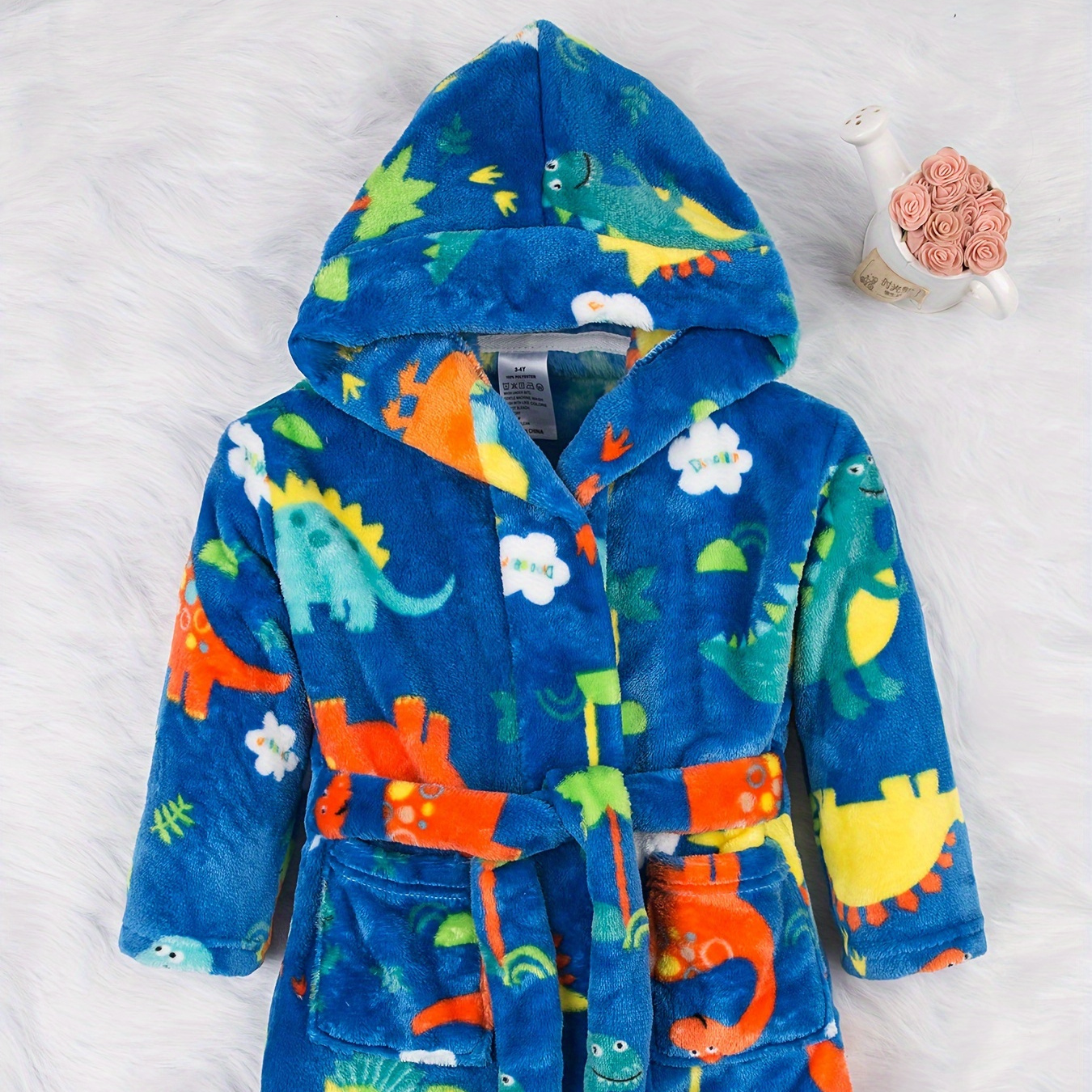 

Kids' Dinosaur Hooded Bathrobe - Soft Polyester Fleece, Casual Long-sleeve Home Party Robe With Pockets, Fall/winter Non-stretch Fabric, Regular Fit For Boys Ages 2-11