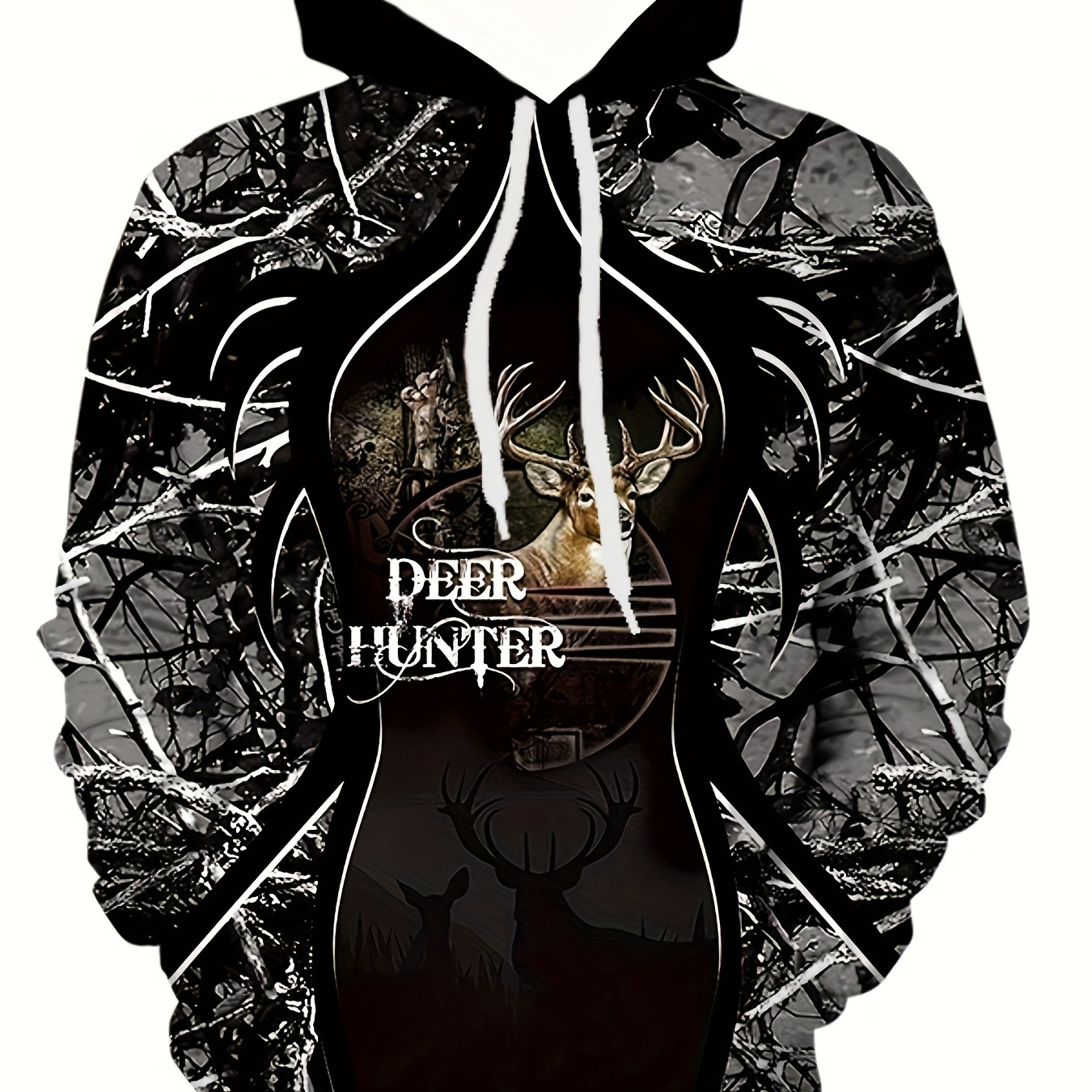 

Deer Hunter Print Hoodie, Cool Hoodies For Men, Men's Casual Graphic Design Hooded Sweatshirt Streetwear For Winter Fall, As Gifts