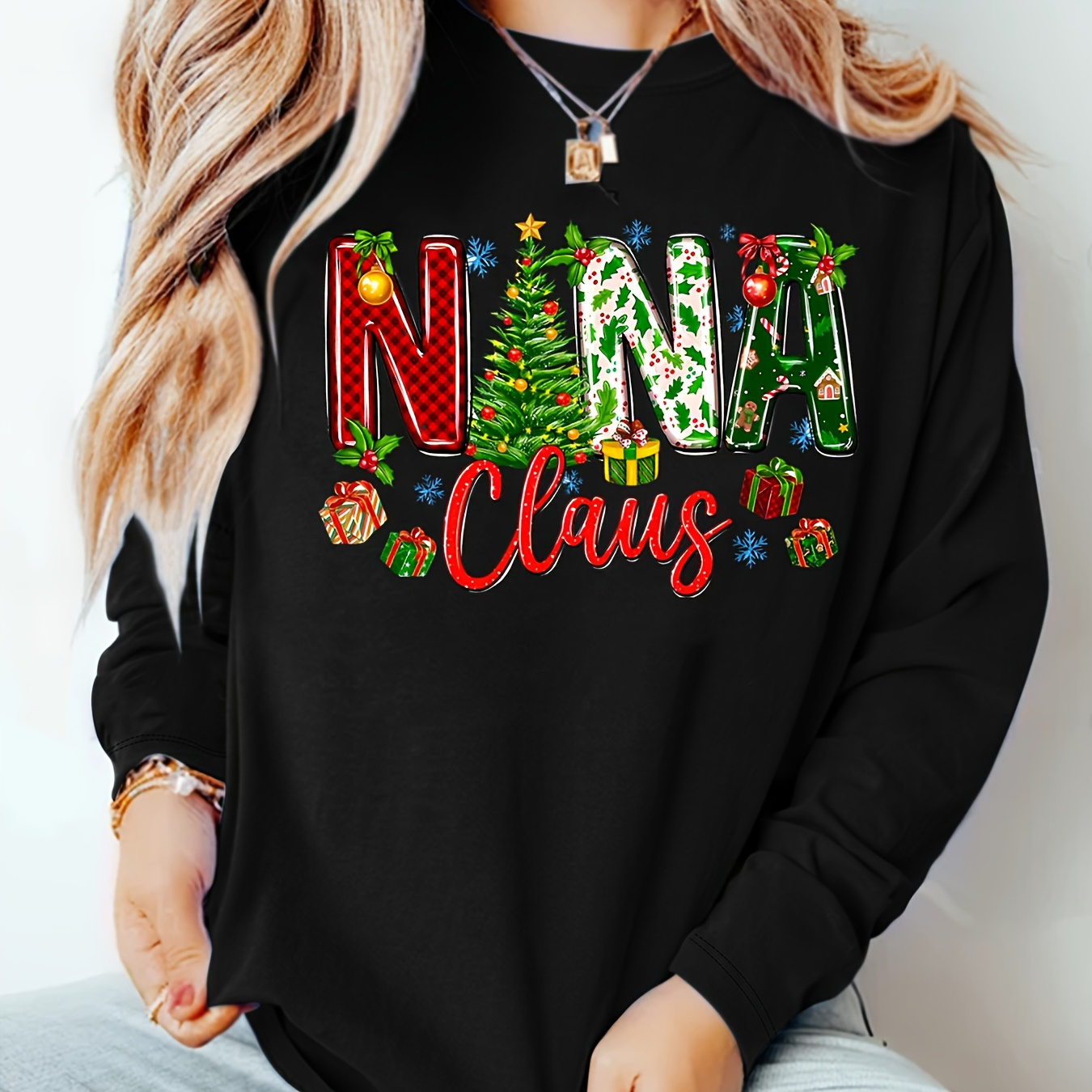 

Nana Christmas Pattern Print Casual Round Neck Long Sleeve Top For Women, Polyester Knit Fabric, All-season Comfort, Festive Holiday Sweatshirt