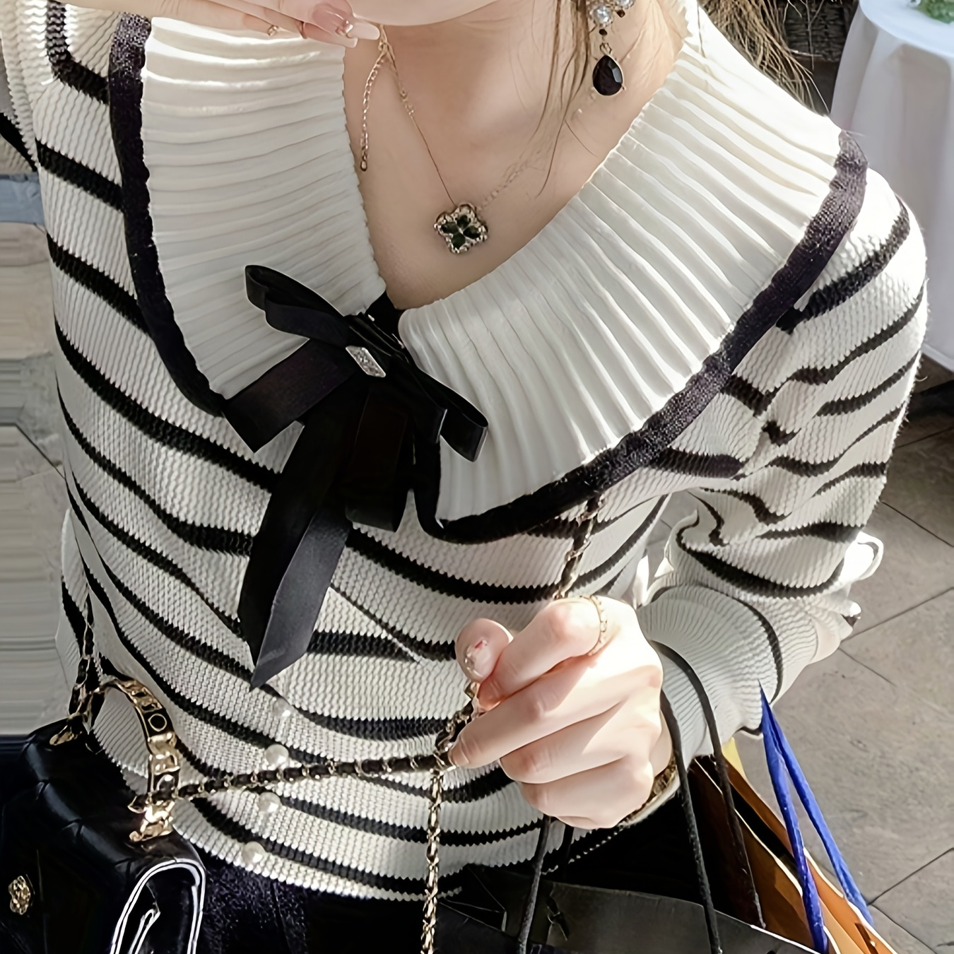 

Elegant Striped Knit Sweater For Women - Chic Doll Collar, Long Sleeve, Machine Washable - Fall/winter