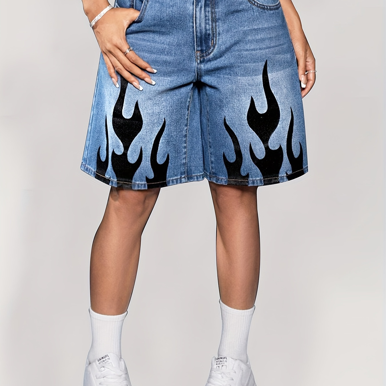 

Flame Print Denim Skirt Shorts, Casual Style, Jorts With Pocket Detail, Streetwear Fashion, Women's Summer Bottoms