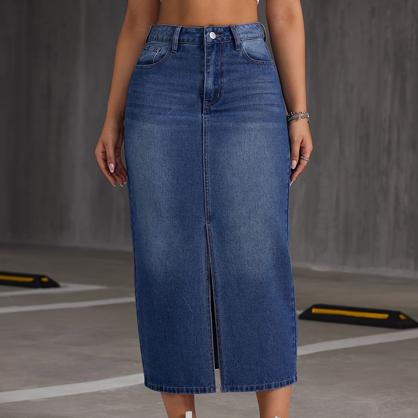 

Plain Washed Blue Split Front Whiskering Washed Blue Midi Denim Skirt, Women's Denim Jeans & Clothing