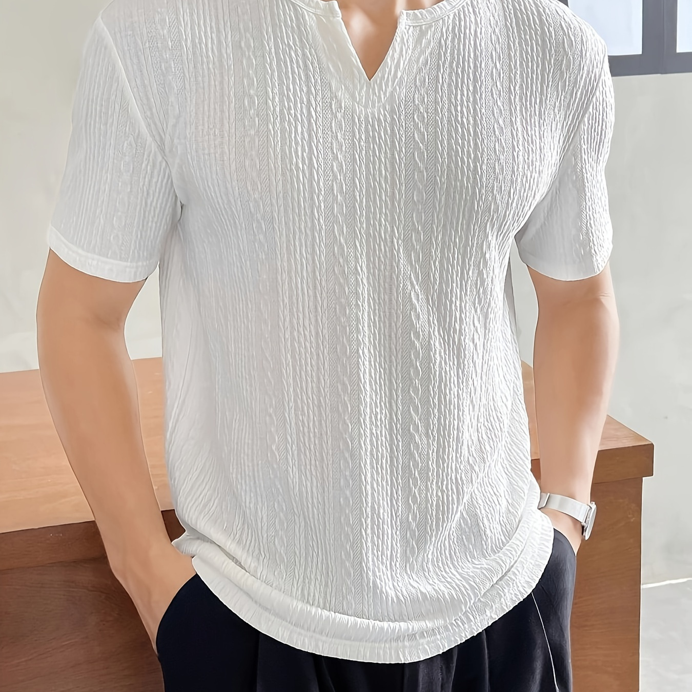 

Men's Solid Color And Stripe Pattern Knit V-neck And Short Sleeve T-shirt, Stylish And Trendy Tops Suitable For Summer Leisurewear