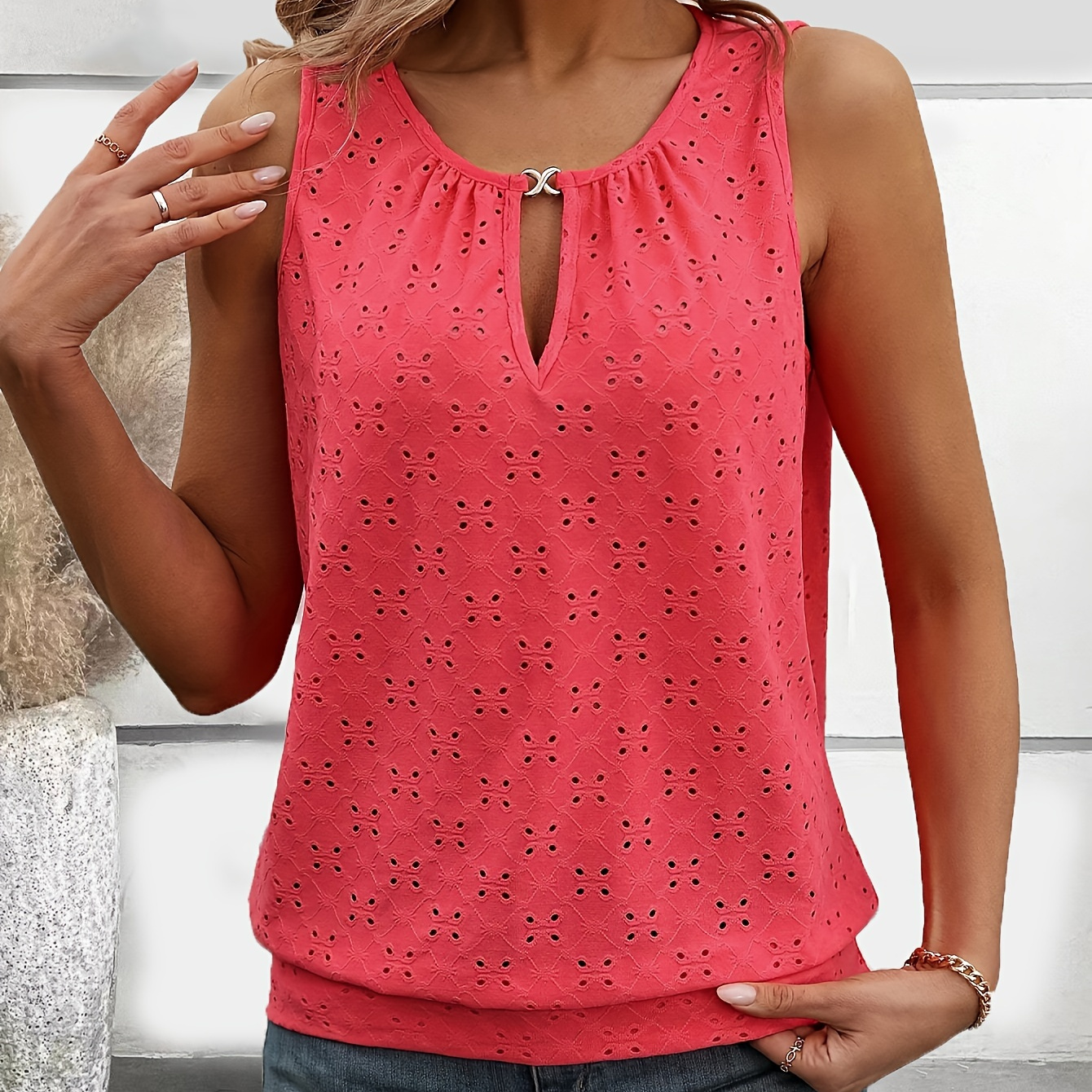 

Hollow Out Crew Neck Top, Stylish Sleeveless Solid Top For , Women's Clothing