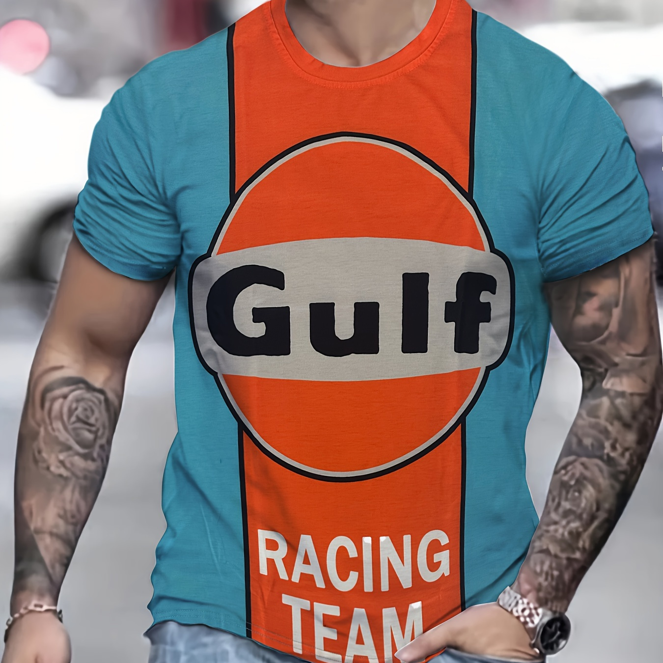 

Men's Gulf Print T-shirt, Casual Short Sleeve Crew Neck Tee, Men's Clothing For Outdoor