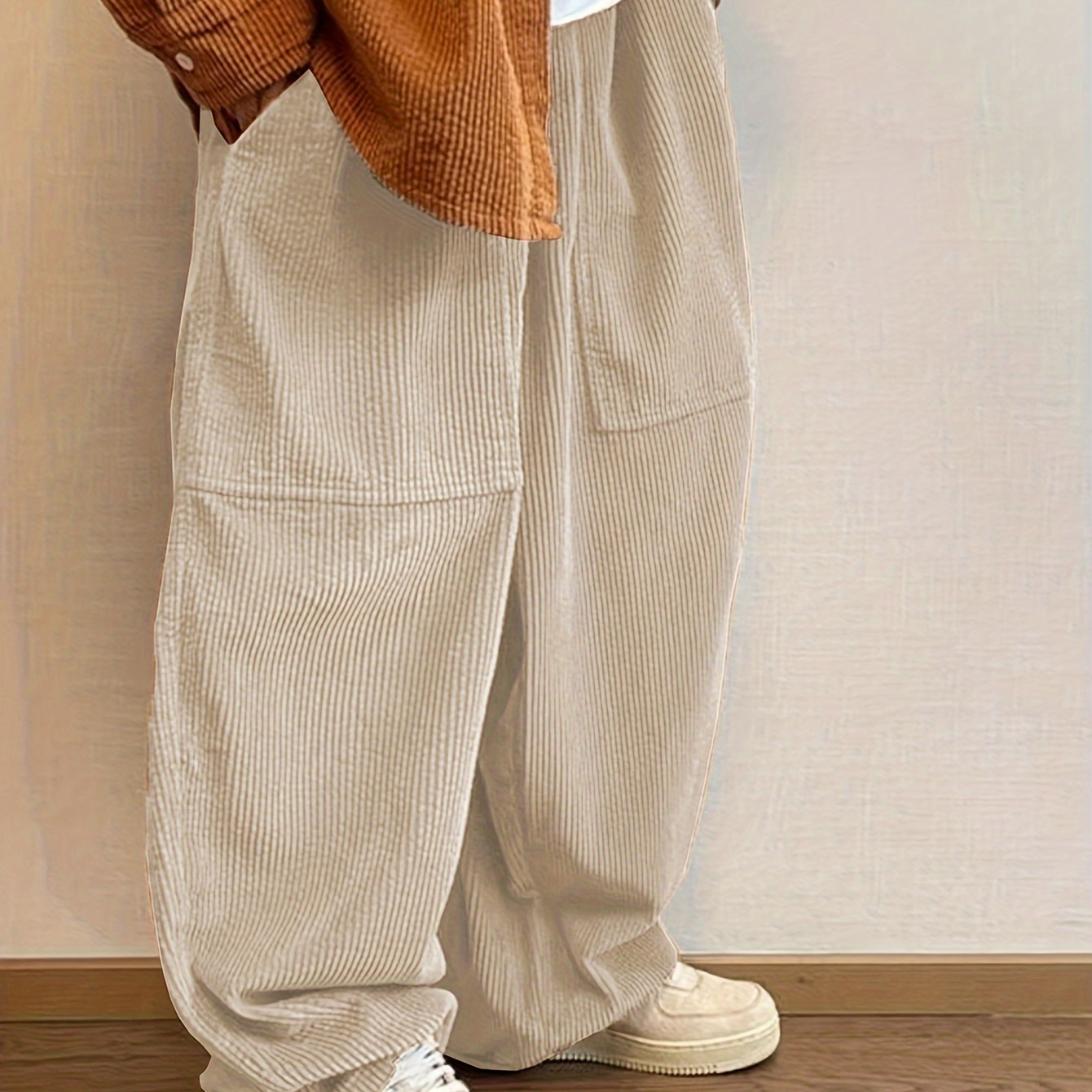 

Men's Casual Corduroy Pants With Pockets - Super Loose Fit, Solid Color, Polyester , Machine Washable