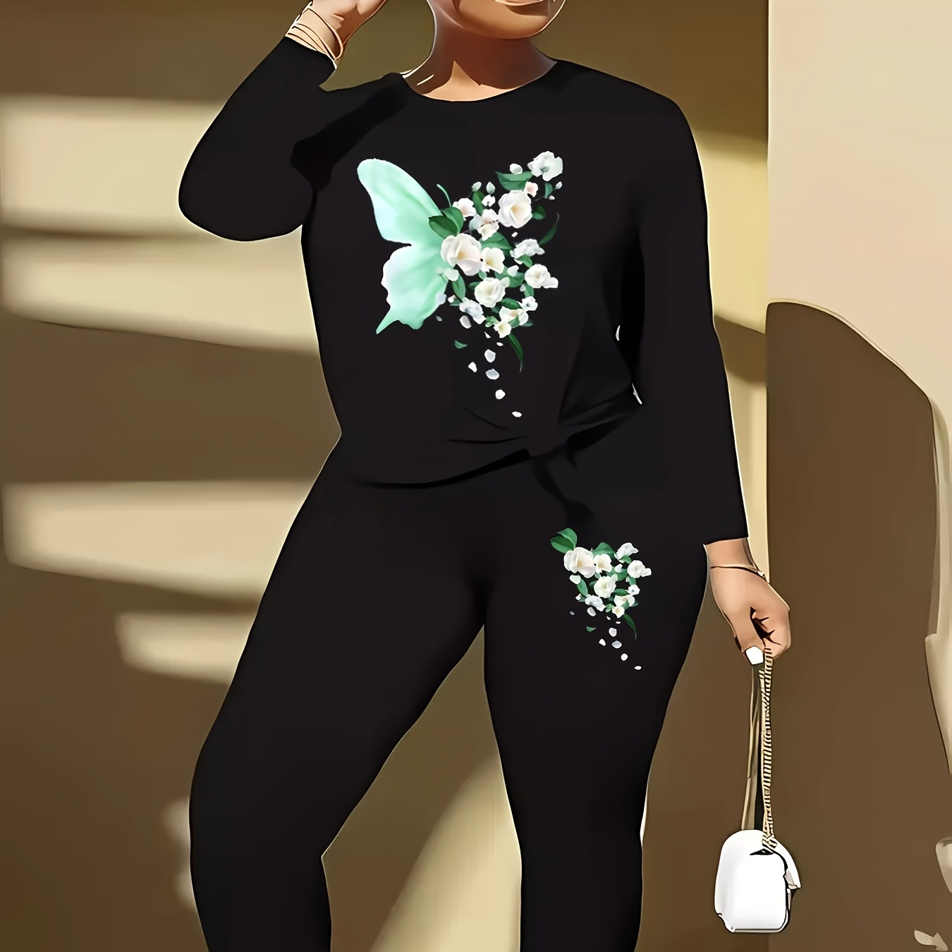 

Women's Plus Size 2024 Fashion Set, Long Sleeve Top With Cartoon Butterfly Print And Matching Pants, Casual Round Neck, Stretch Knit Fabric, Pullover Style, Black