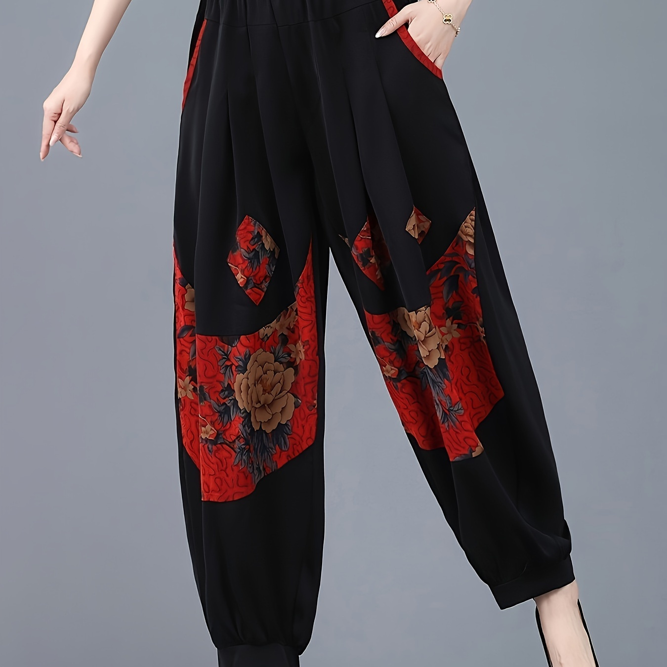 

Women's Elegant Chinese Floral Printed Harem Pants, Polyester, Spring/summer/autumn, Patchwork Detail, Adult Size, Woven Fabric