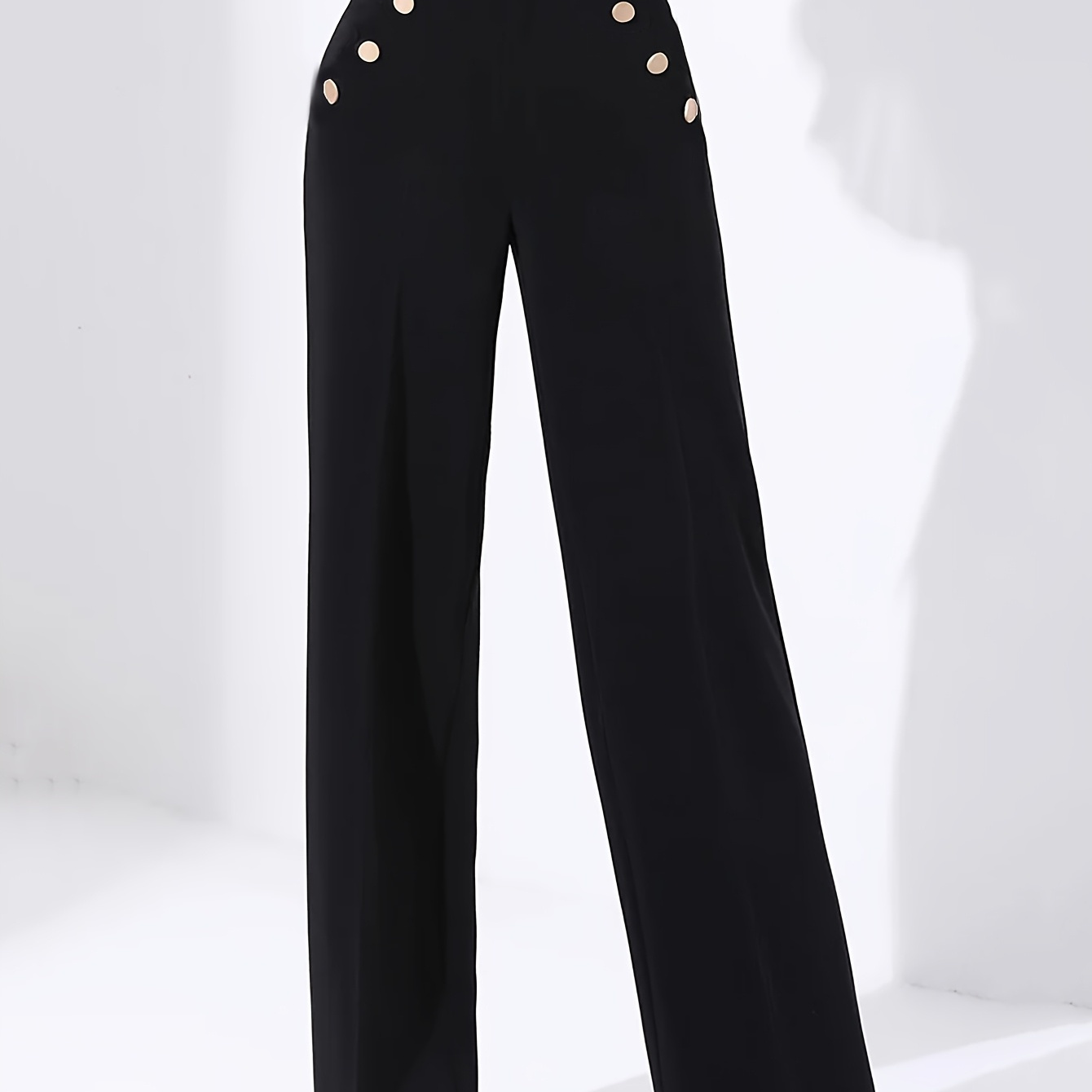 

Pantalon Élégant Taille Haute à Jambe Droite avec Détail de Boucle Métallique - Mélange de Polyester Extensible, pour & le Port Décontracté