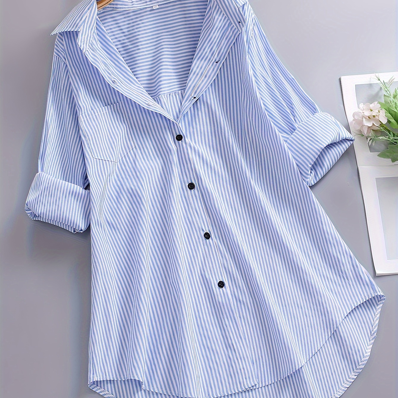 

Plus Size Casual Blouse, Women's Plus Nautical Stripe Print Button Up Long Sleeve Turn Down Collar Blouse