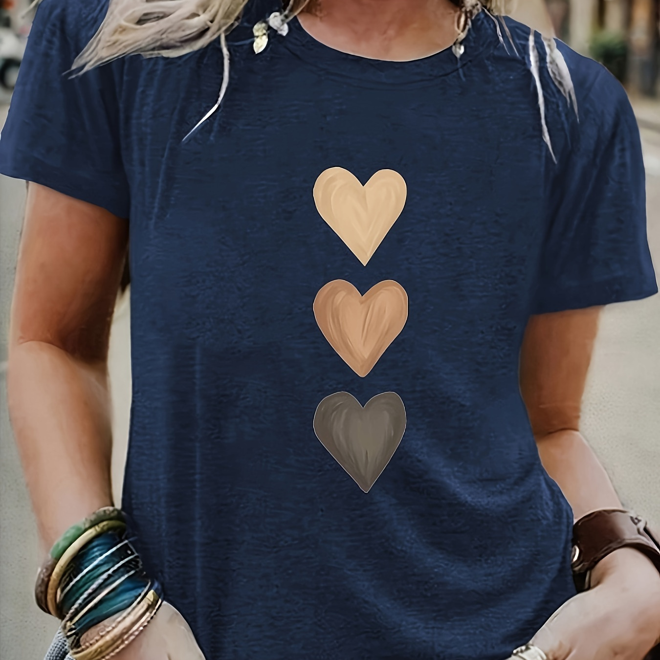 

Peach Heart Print Women's Casual Round Neck Short Sleeve