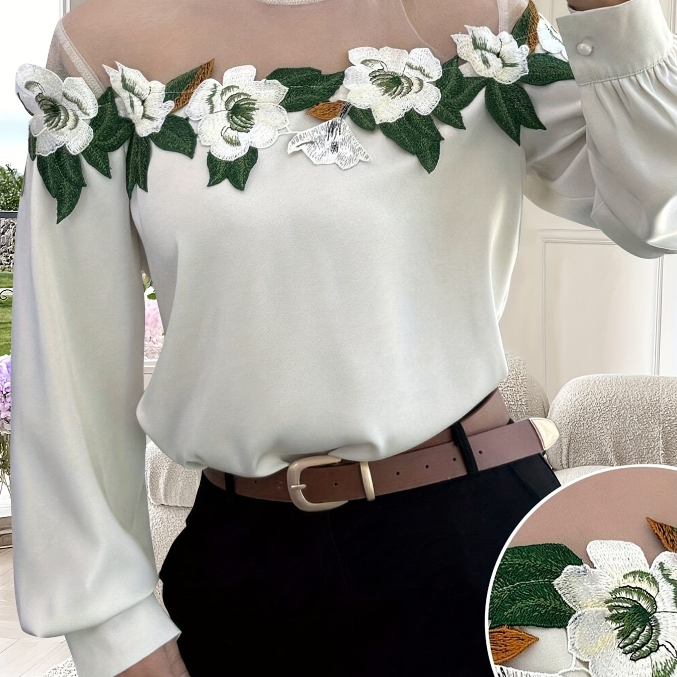 

1pc Elegant Floral Embroidered Sheer Yoke Blouse, 100% Polyester Crew Neck Long Sleeve Top, Lace Detail, Woven Shirt For Women